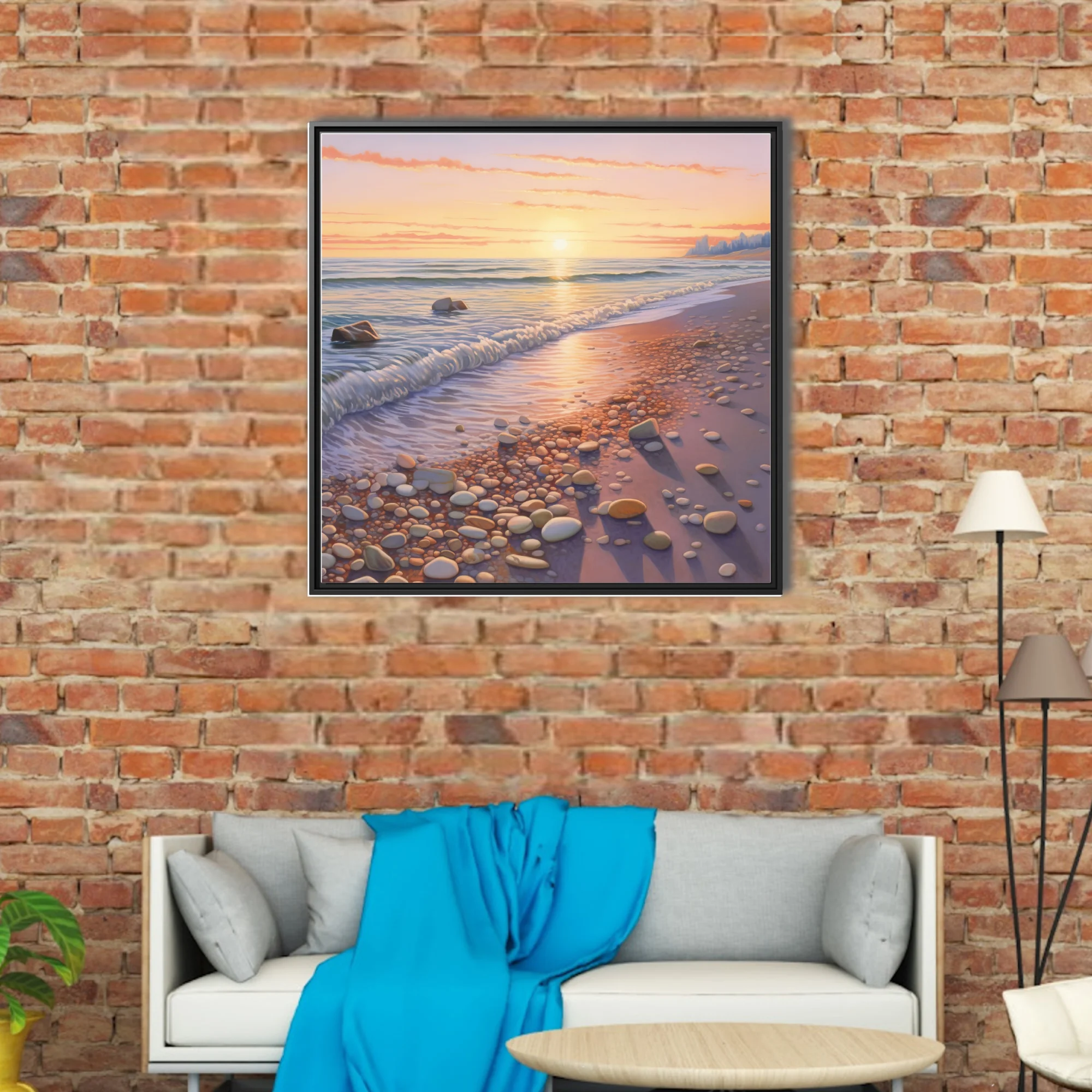 Pastel sunset seascape with pebbled shoreline and soft waves in peach, lemon, and lavender tones