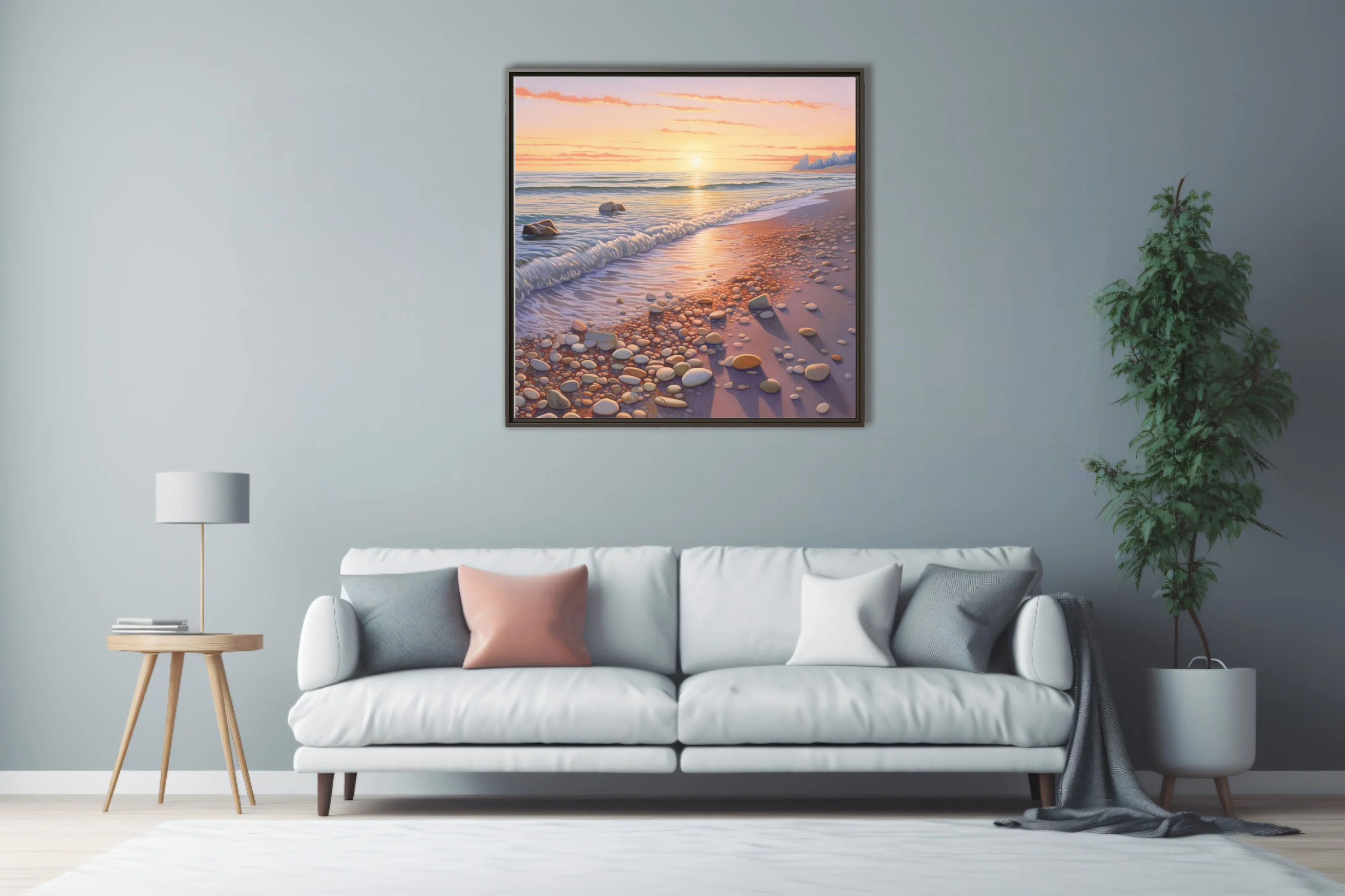 Pastel sunset seascape with pebbled shoreline and soft waves in peach, lemon, and lavender tones