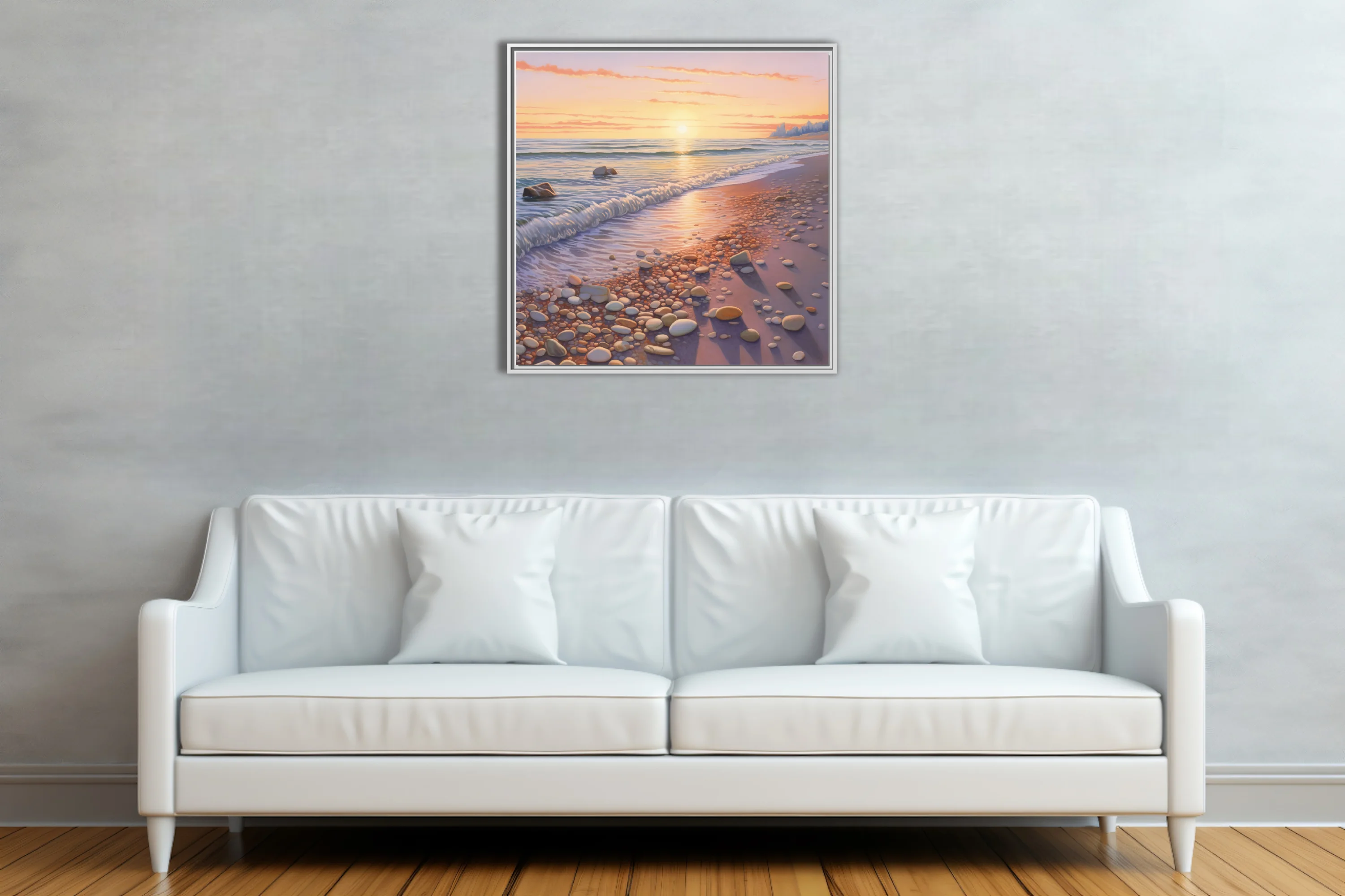 Pastel sunset seascape with pebbled shoreline and soft waves in peach, lemon, and lavender tones