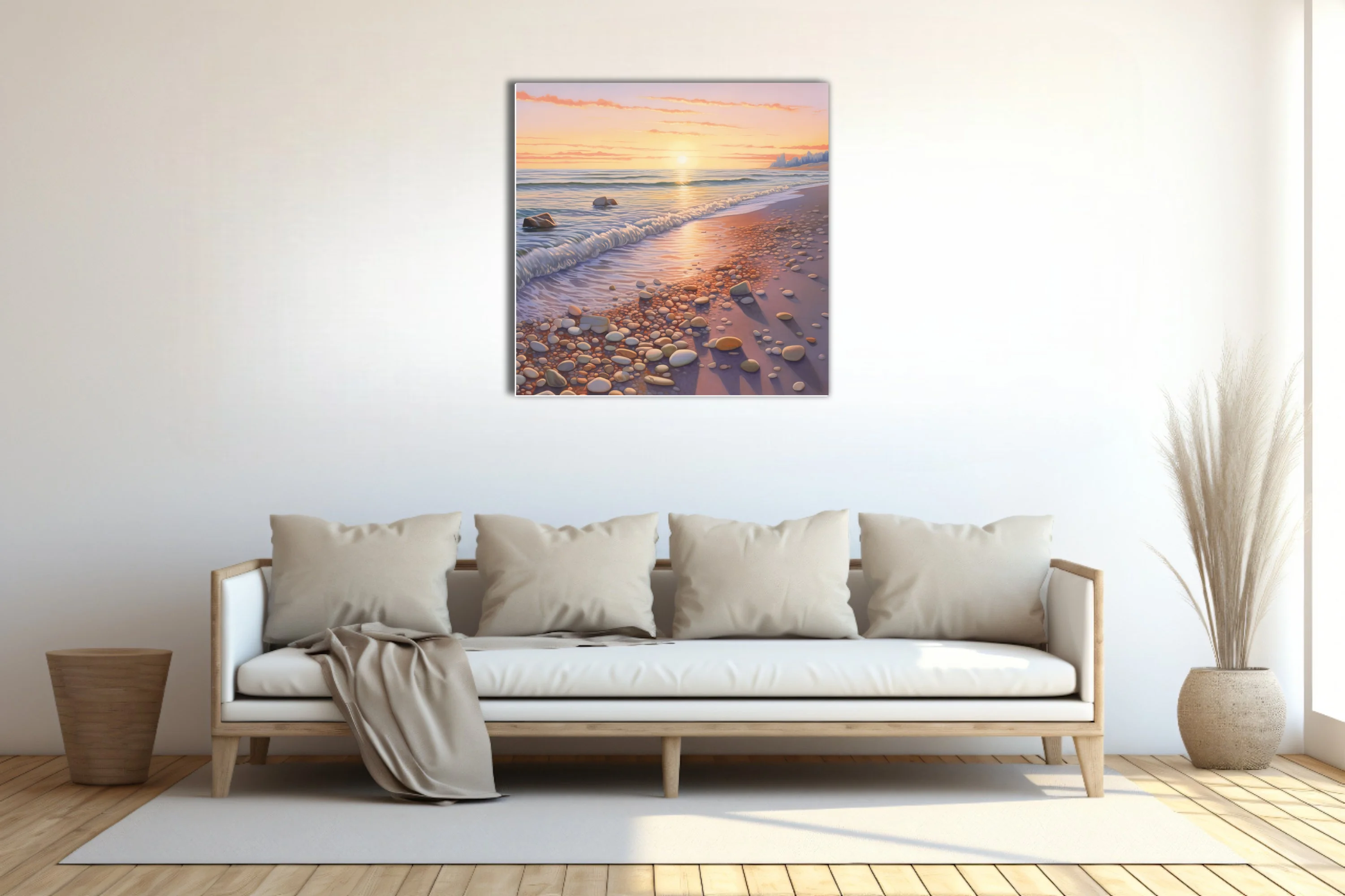 Pastel sunset seascape with pebbled shoreline and soft waves in peach, lemon, and lavender tones