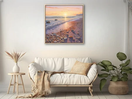 Pastel sunset seascape with pebbled shoreline and soft waves in peach, lemon, and lavender tones