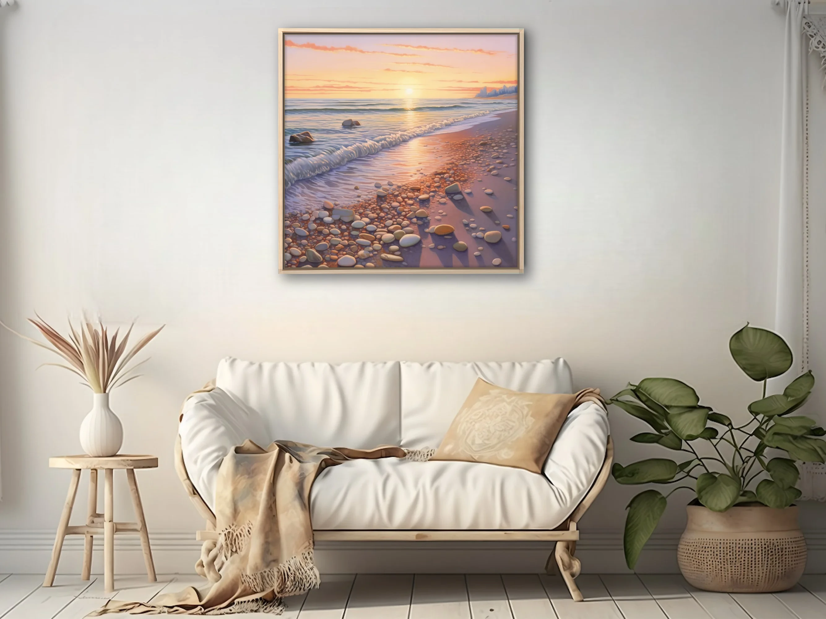 Pastel sunset seascape with pebbled shoreline and soft waves in peach, lemon, and lavender tones