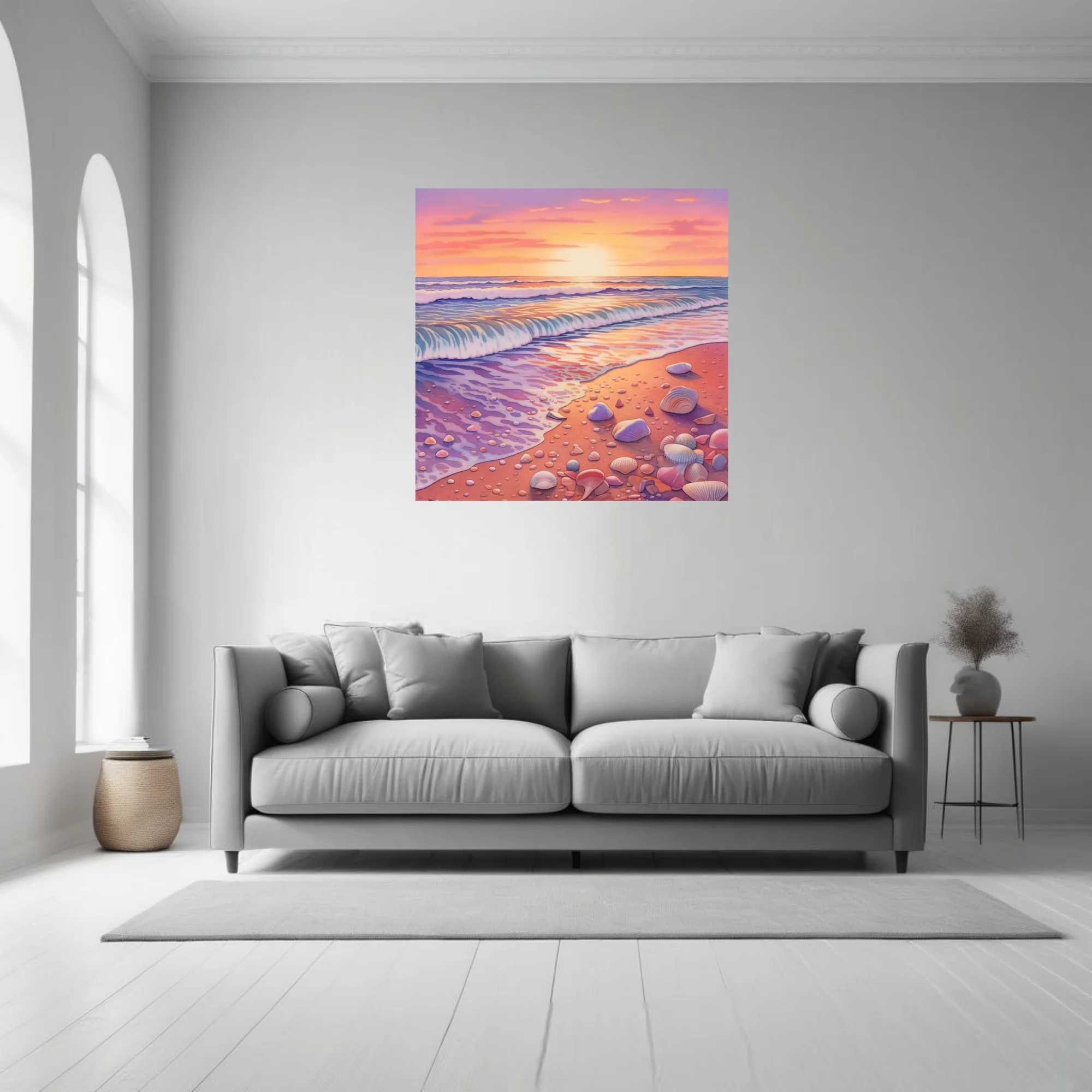 Watercolor-style pastel beach sunset with rolling waves and scattered seashells