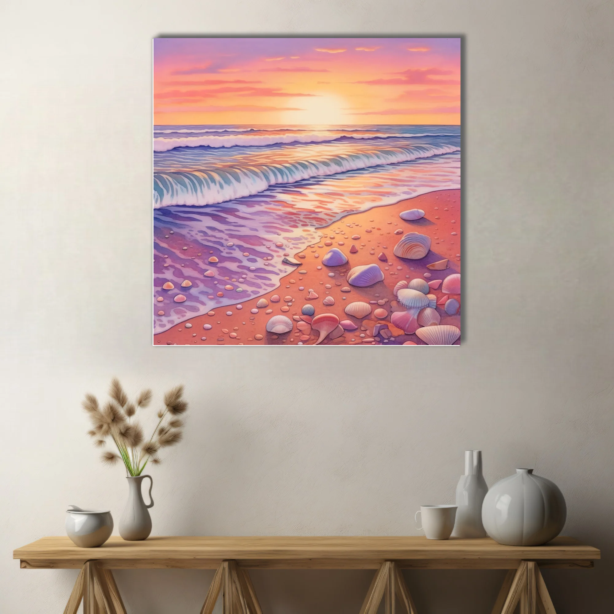 Watercolor-style pastel beach sunset with rolling waves and scattered seashells