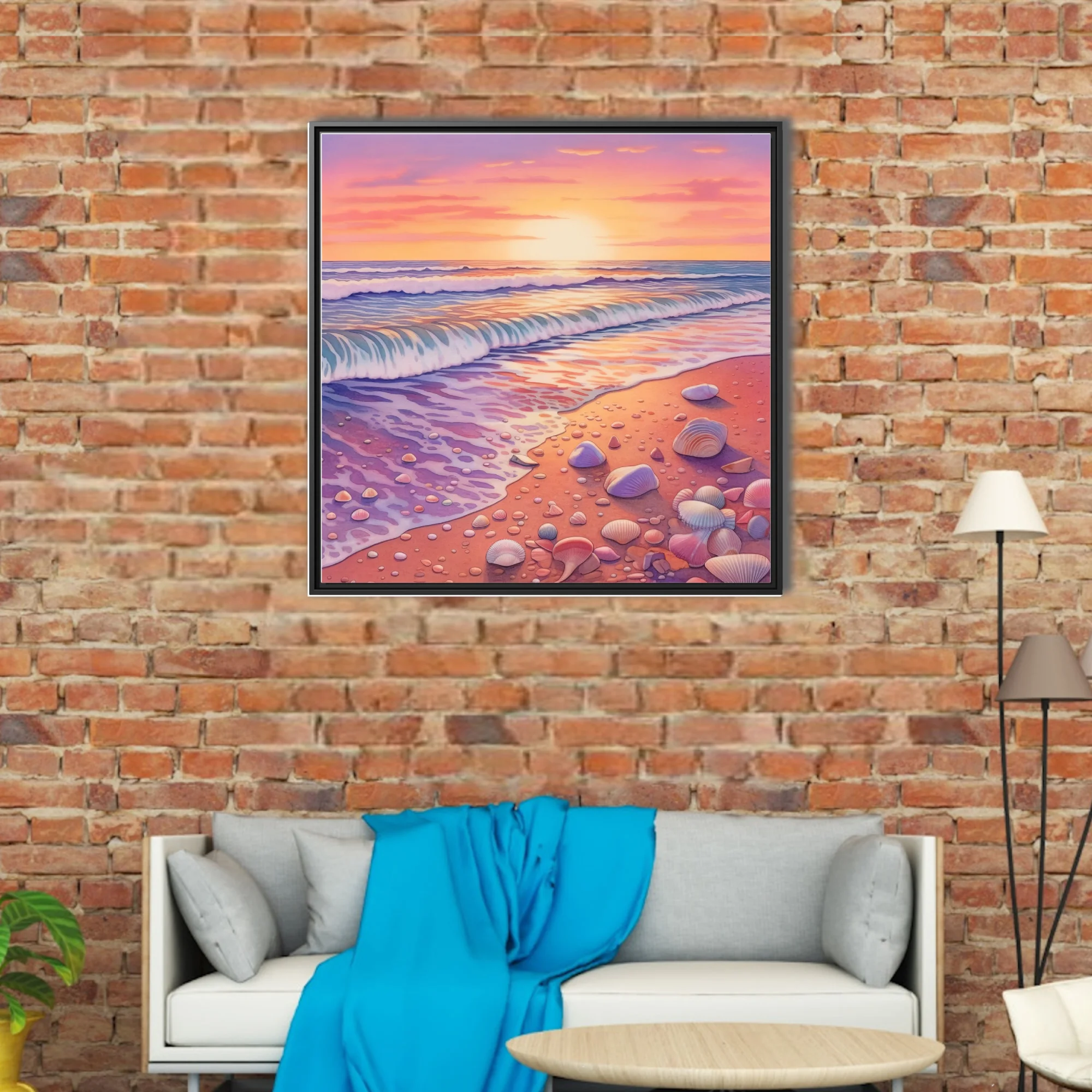 Watercolor-style pastel beach sunset with rolling waves and scattered seashells
