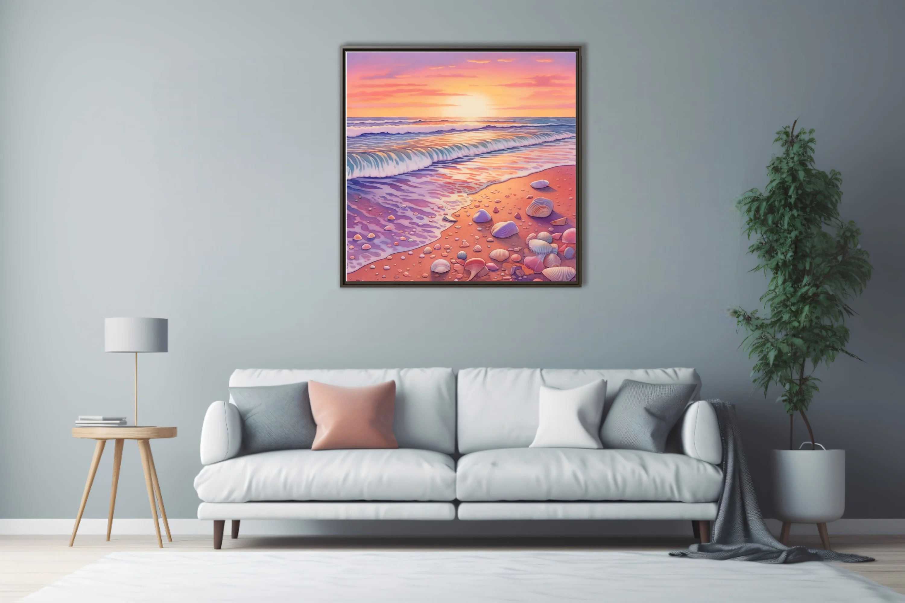 Watercolor-style pastel beach sunset with rolling waves and scattered seashells
