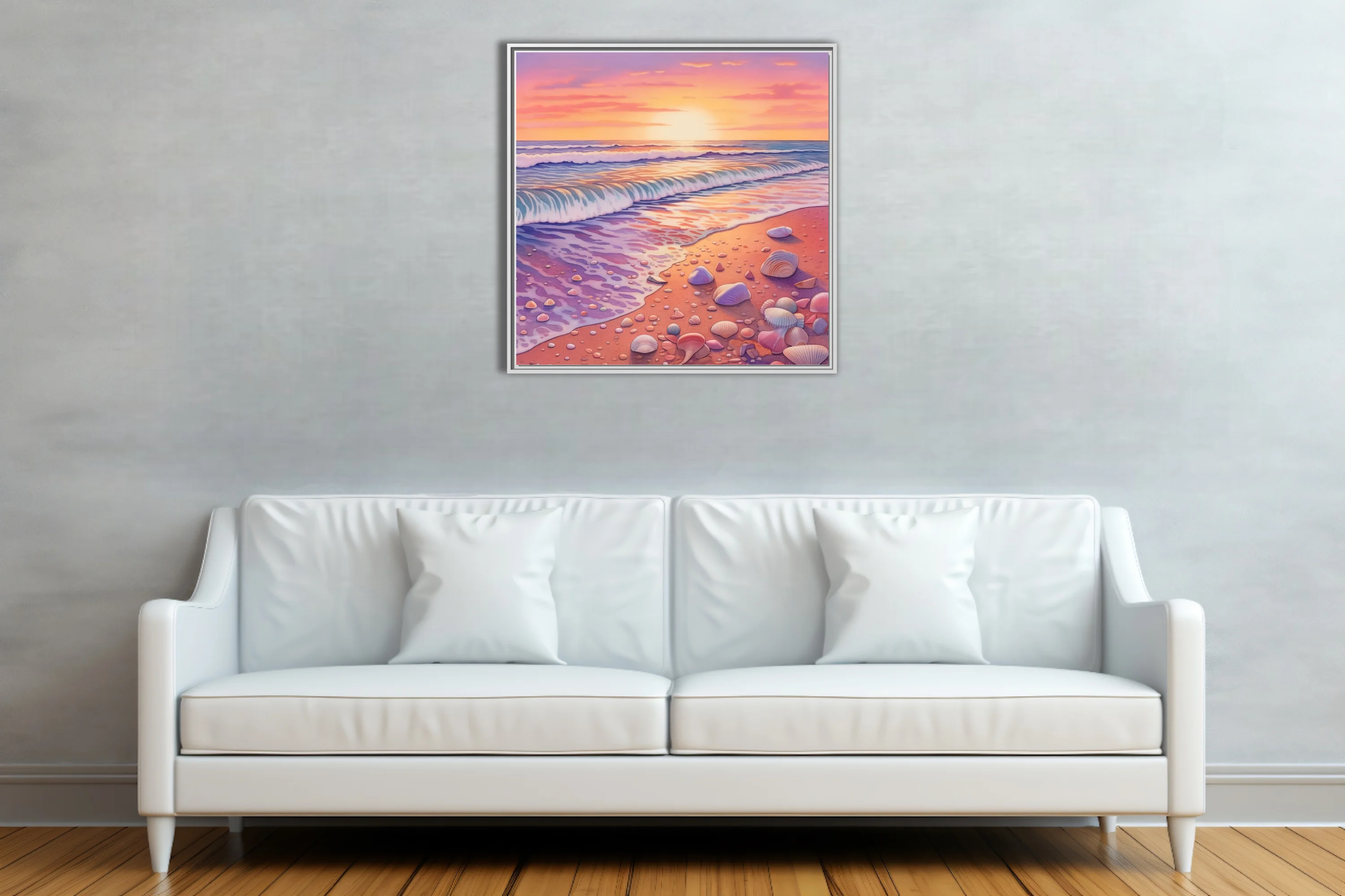 Watercolor-style pastel beach sunset with rolling waves and scattered seashells