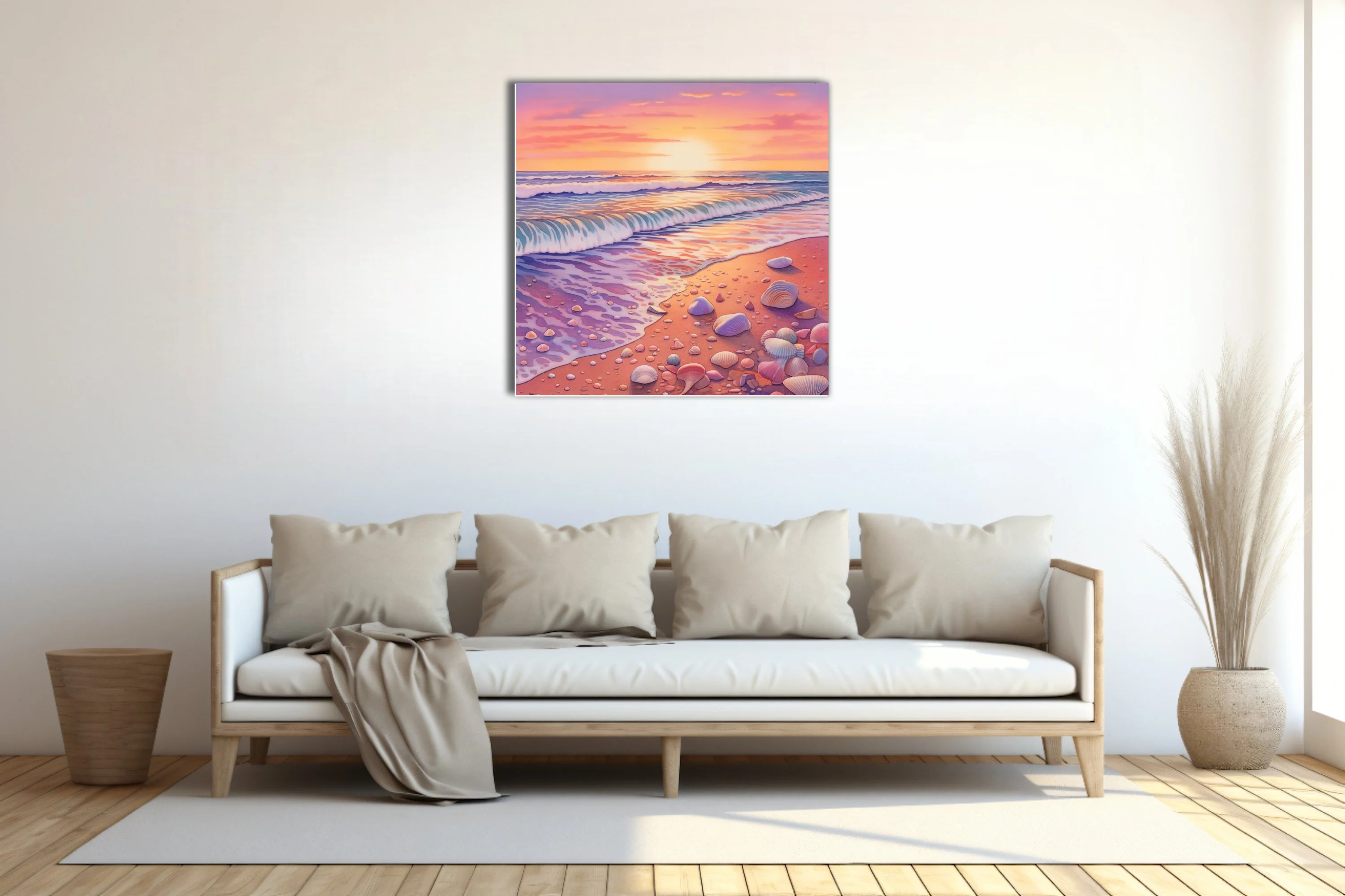 Watercolor-style pastel beach sunset with rolling waves and scattered seashells