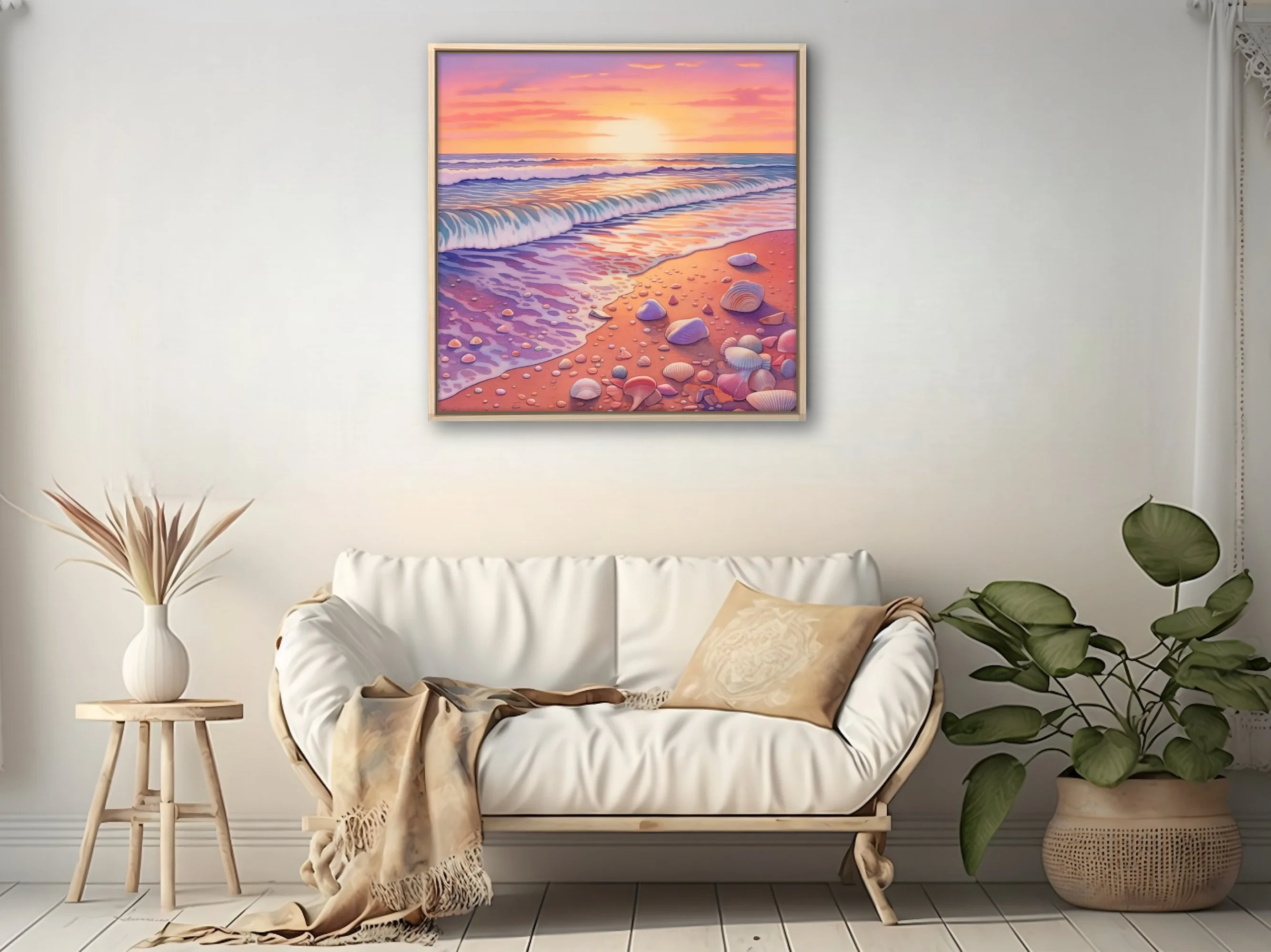 Watercolor-style pastel beach sunset with rolling waves and scattered seashells