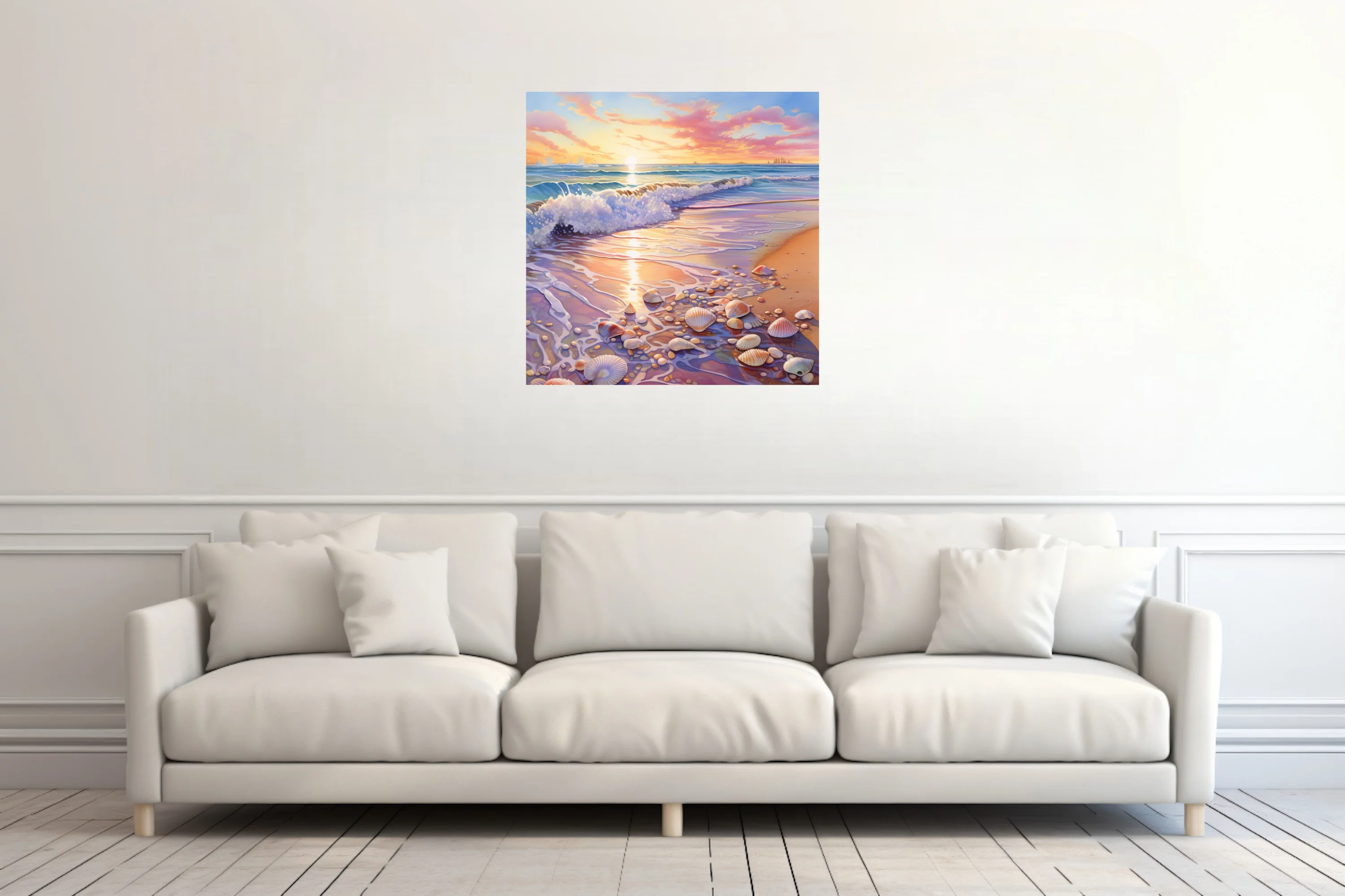 Pastel watercolor-style beach sunset with seashells, gentle surf, and golden sky reflections on wet sand