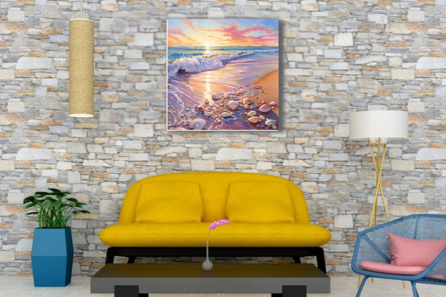 Pastel watercolor-style beach sunset with seashells, gentle surf, and golden sky reflections on wet sand