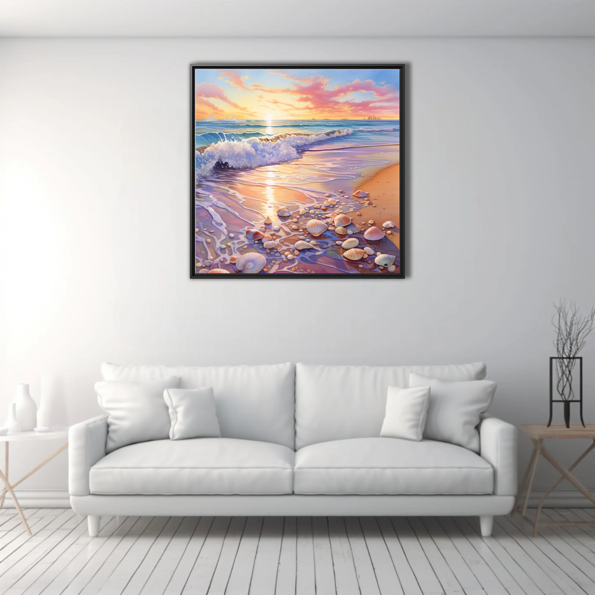 Pastel watercolor-style beach sunset with seashells, gentle surf, and golden sky reflections on wet sand