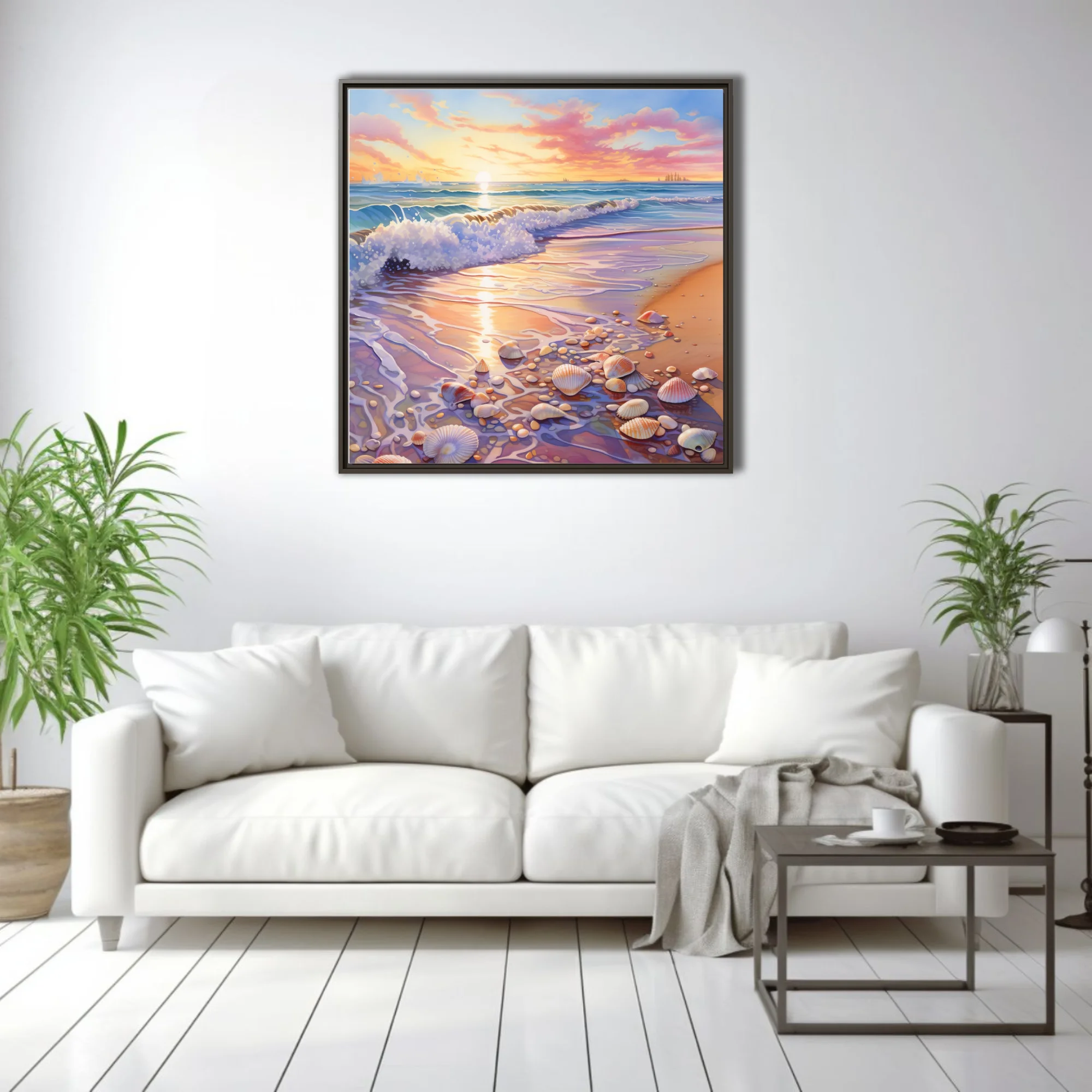 Pastel watercolor-style beach sunset with seashells, gentle surf, and golden sky reflections on wet sand