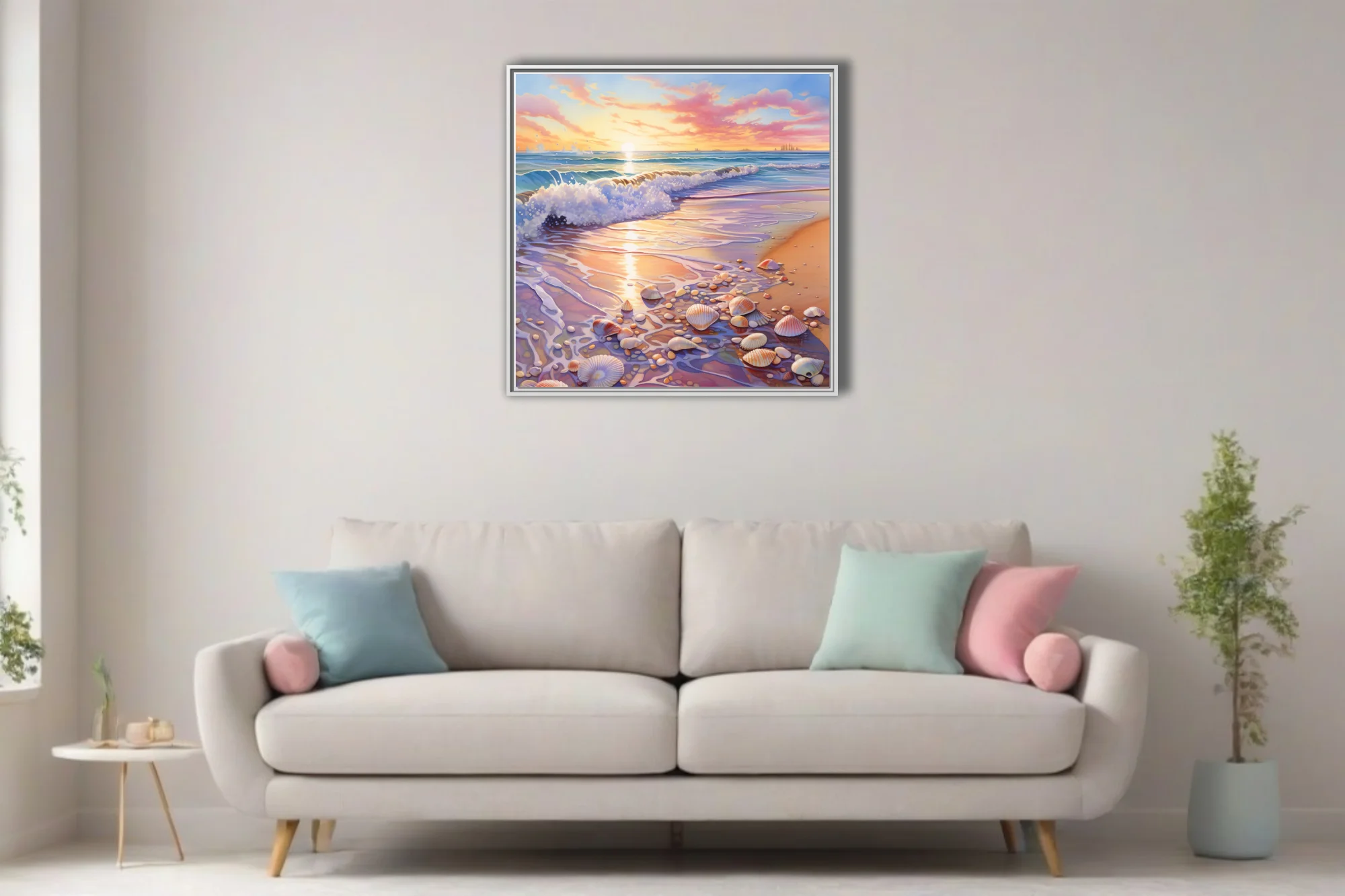 Pastel watercolor-style beach sunset with seashells, gentle surf, and golden sky reflections on wet sand