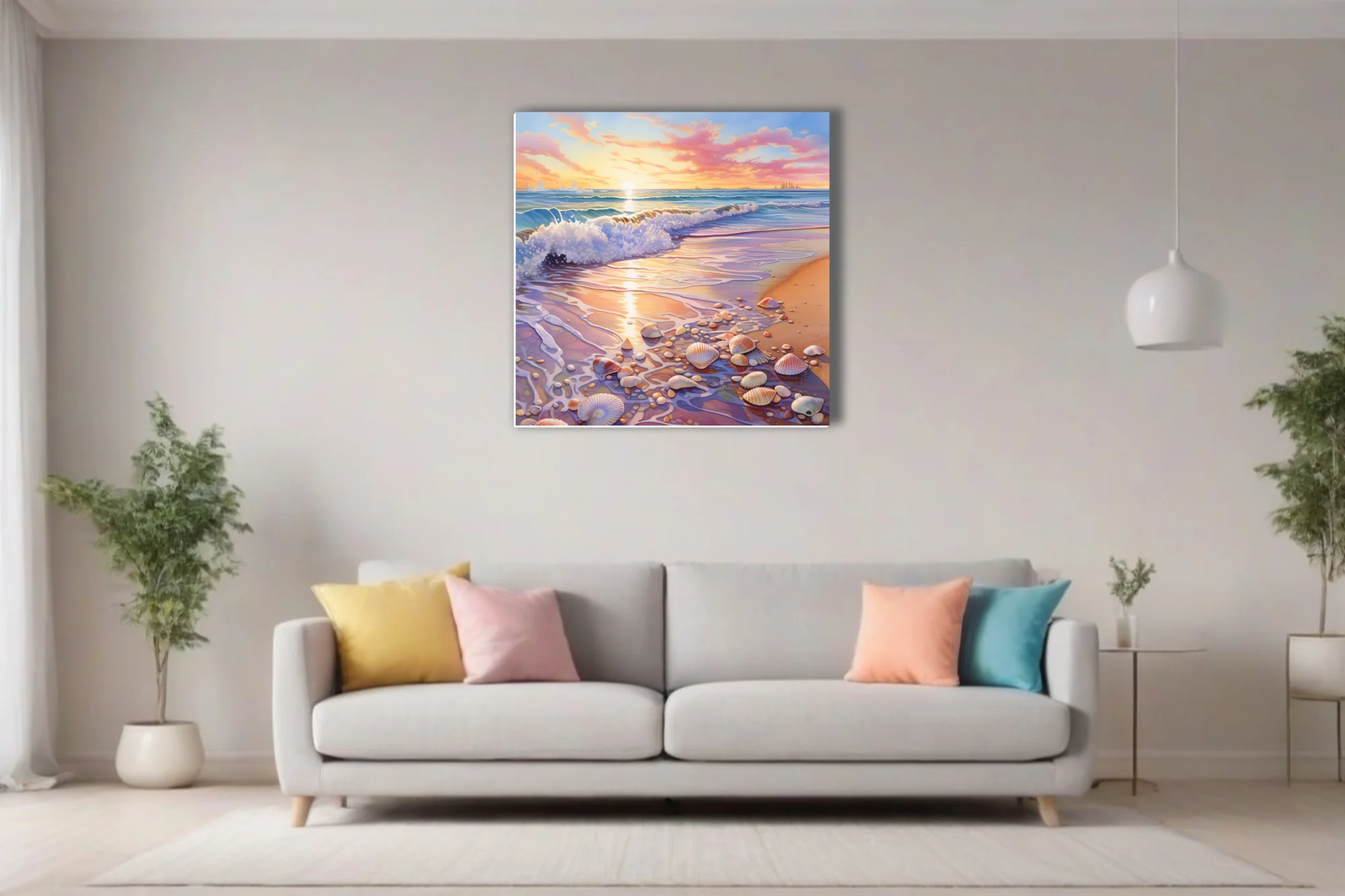 Pastel watercolor-style beach sunset with seashells, gentle surf, and golden sky reflections on wet sand