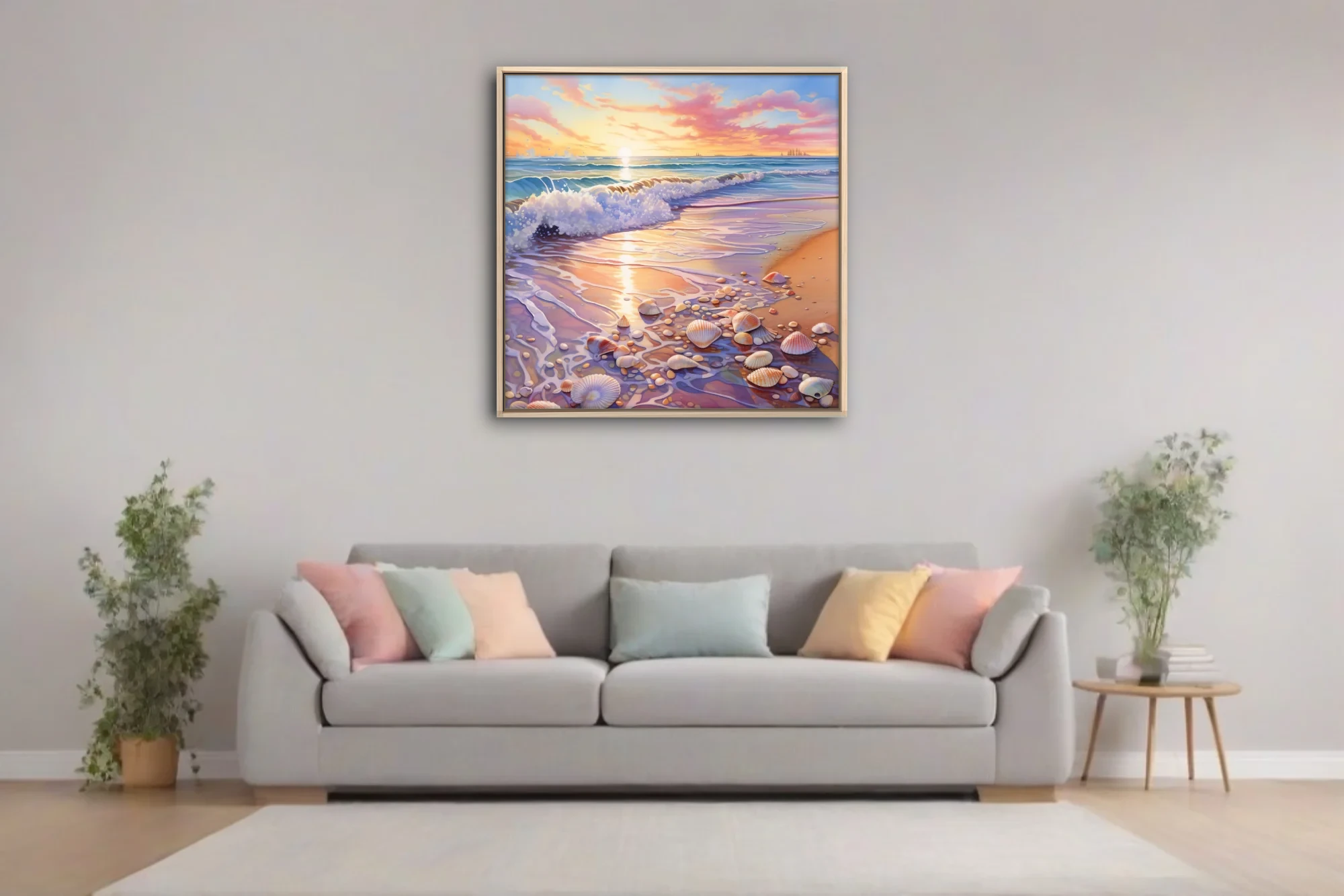 Pastel watercolor-style beach sunset with seashells, gentle surf, and golden sky reflections on wet sand