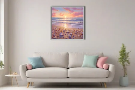 Pastel sunset seascape with seashells on sandy shore and glowing ocean waves