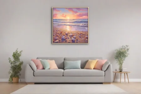 Pastel sunset seascape with seashells on sandy shore and glowing ocean waves