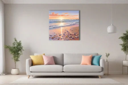 Sunset beach scene with seashells and glowing pastel ocean waves