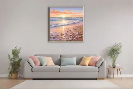 Sunset beach scene with seashells and glowing pastel ocean waves