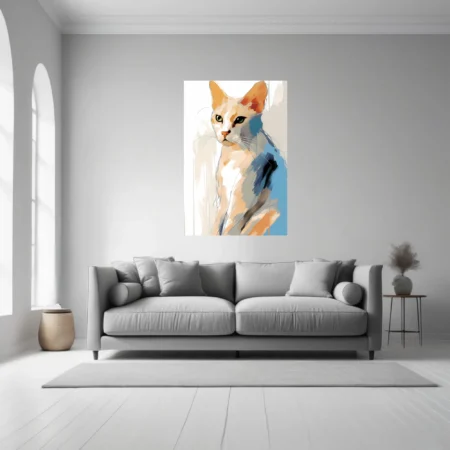Abstract cat portrait watercolor-style warm amber blue strokes green eyes