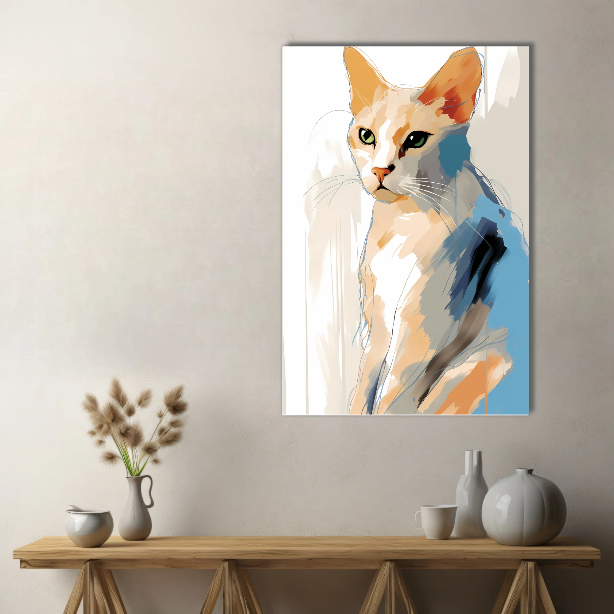 Abstract cat portrait watercolor-style warm amber blue strokes green eyes