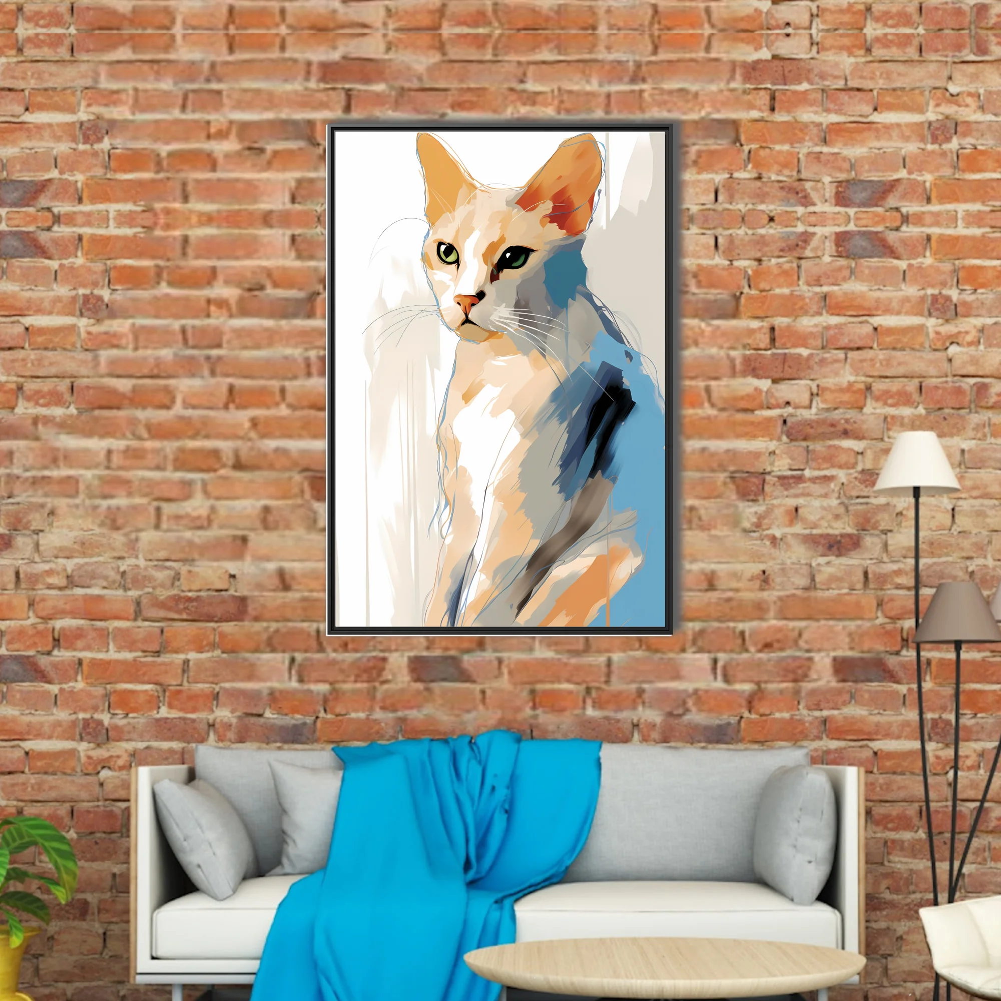 Abstract cat portrait watercolor-style warm amber blue strokes green eyes