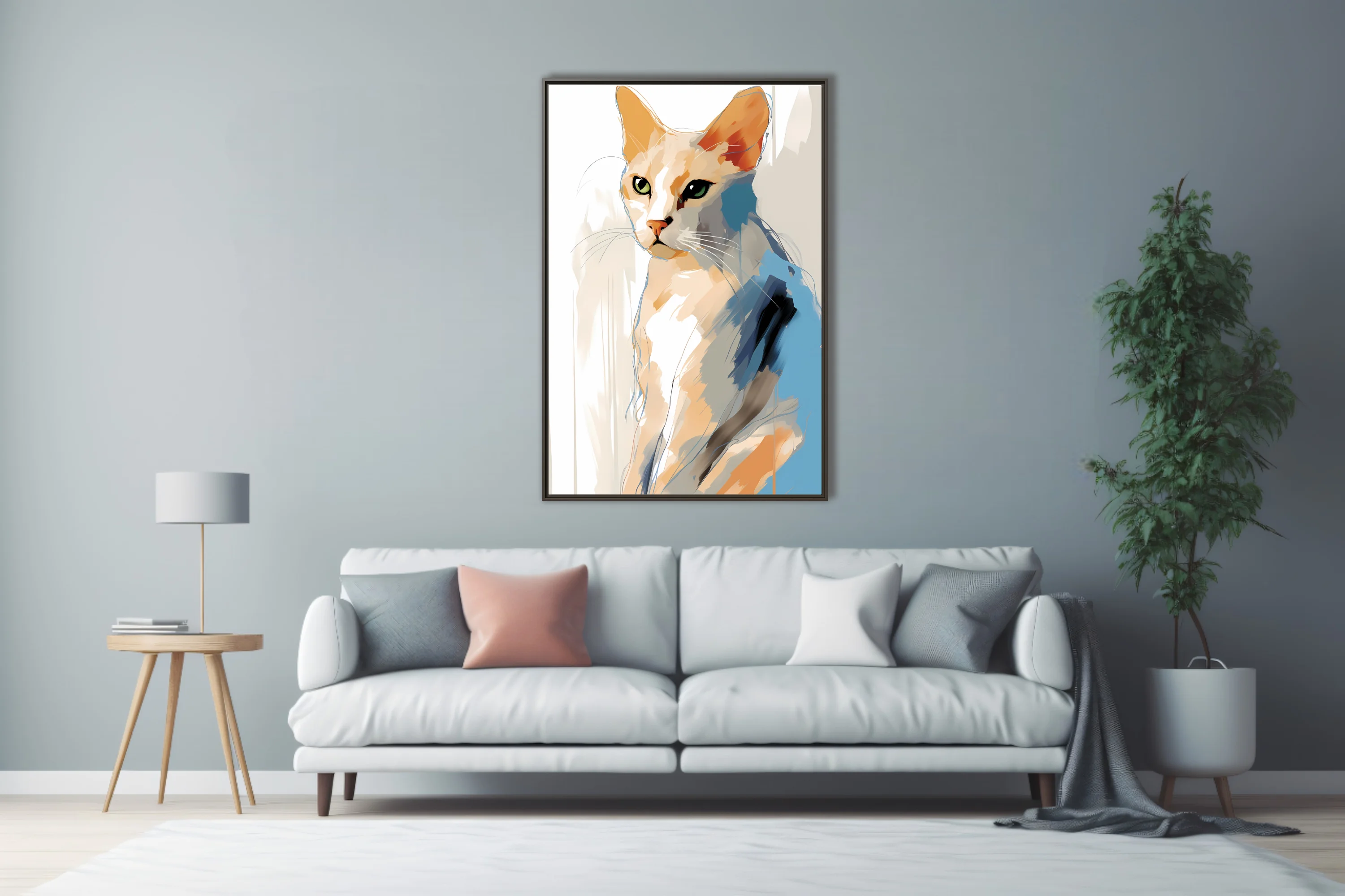 Abstract cat portrait watercolor-style warm amber blue strokes green eyes