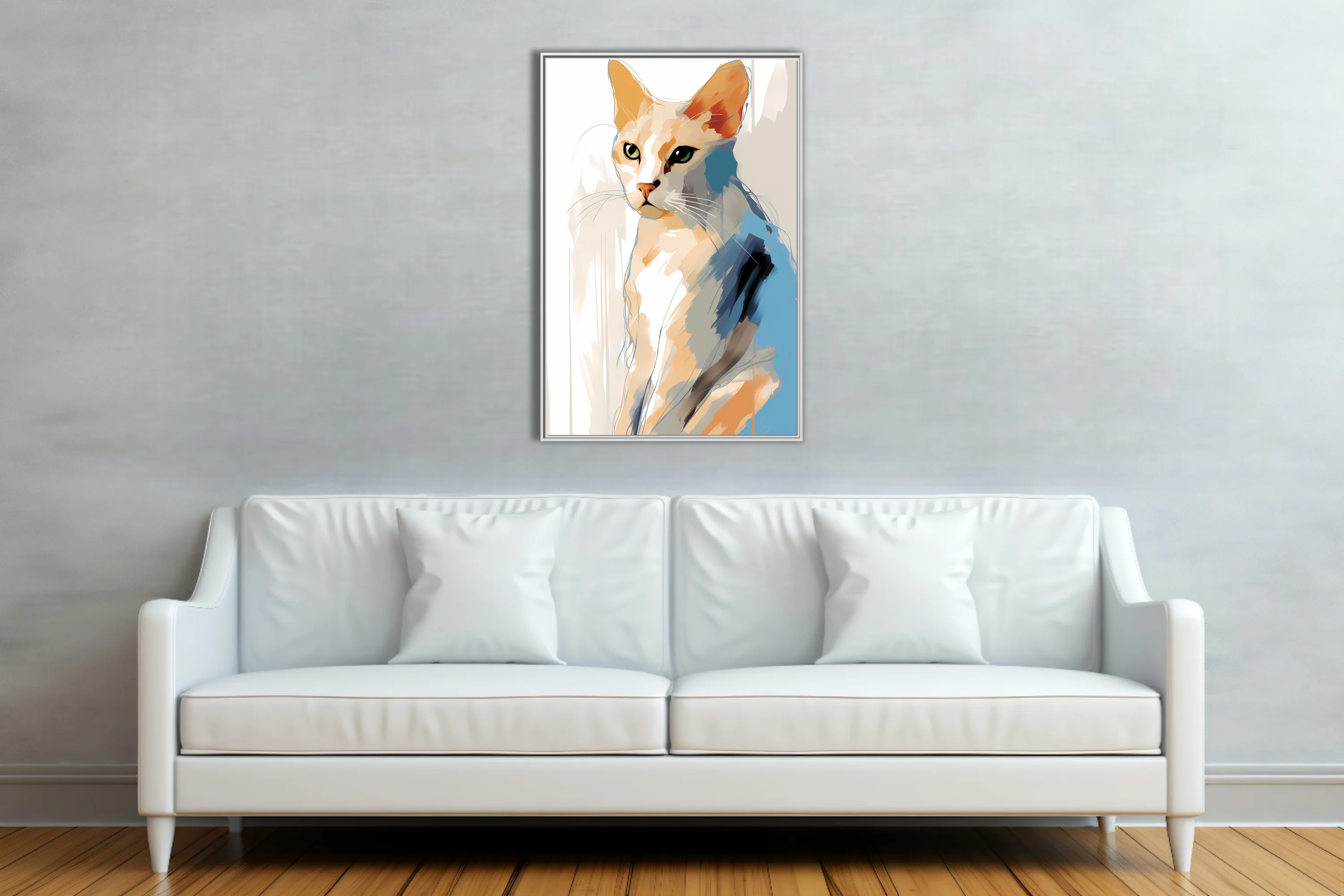 Abstract cat portrait watercolor-style warm amber blue strokes green eyes