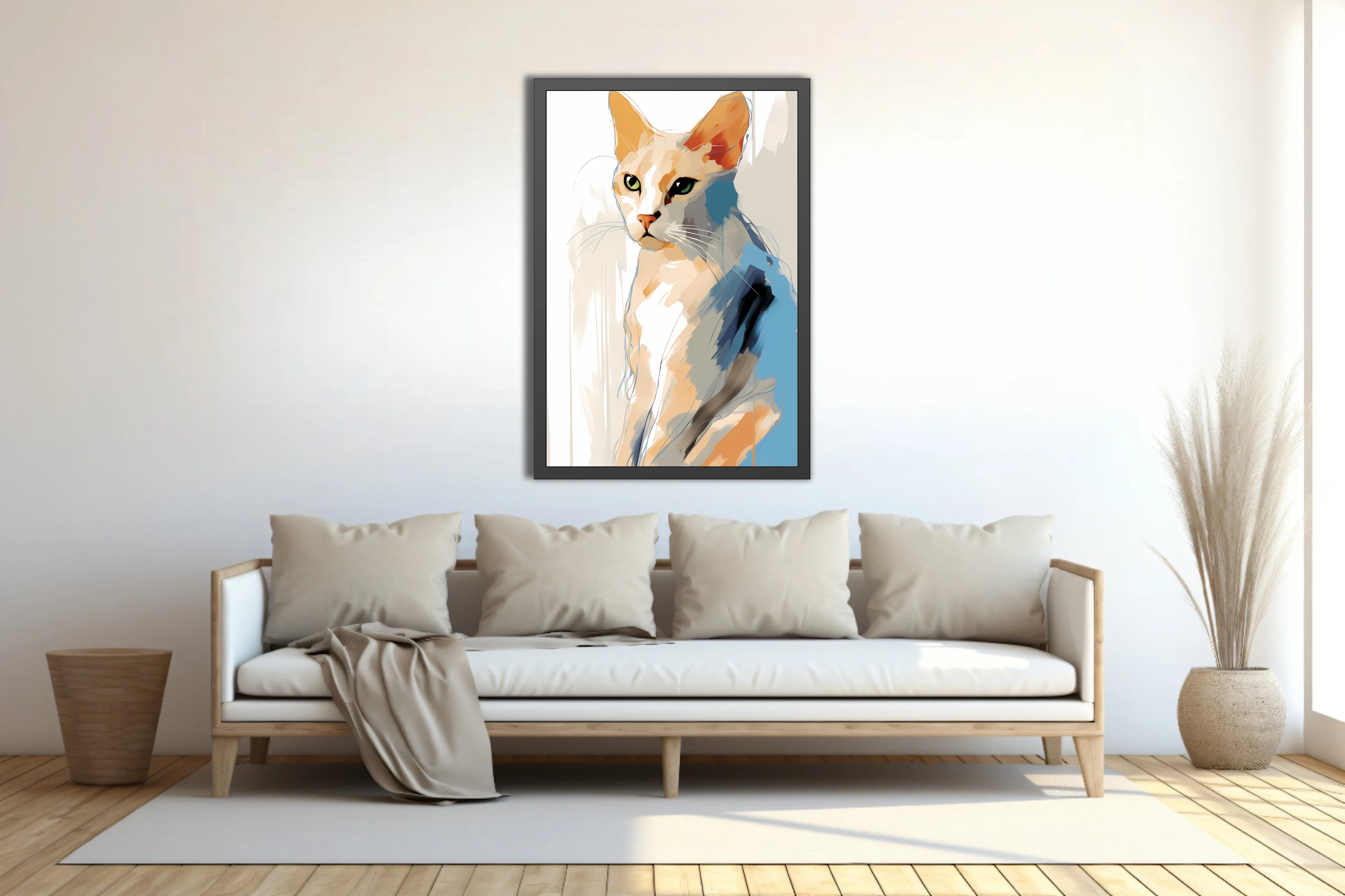 Abstract cat portrait watercolor-style warm amber blue strokes green eyes