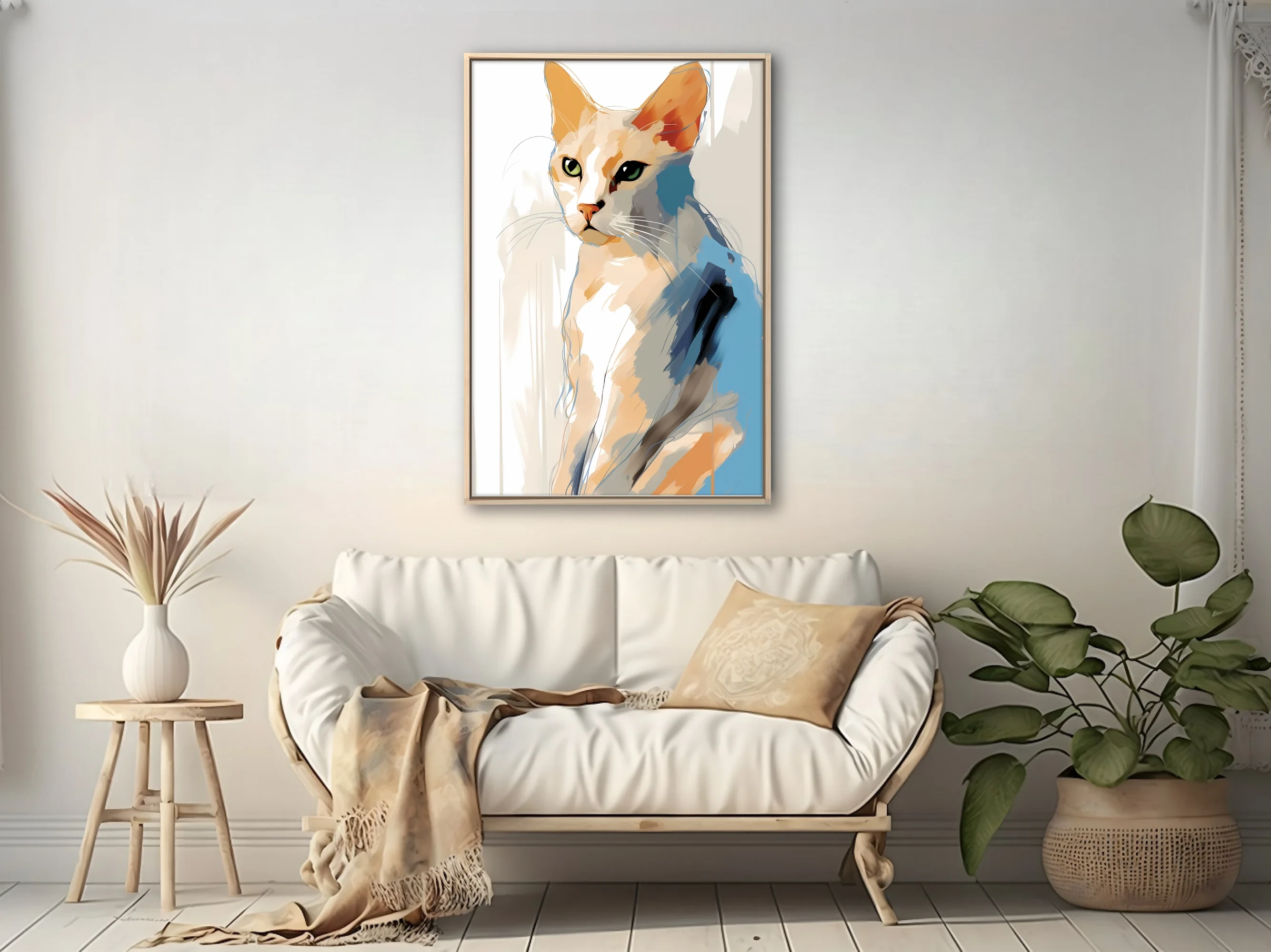 Abstract cat portrait watercolor-style warm amber blue strokes green eyes