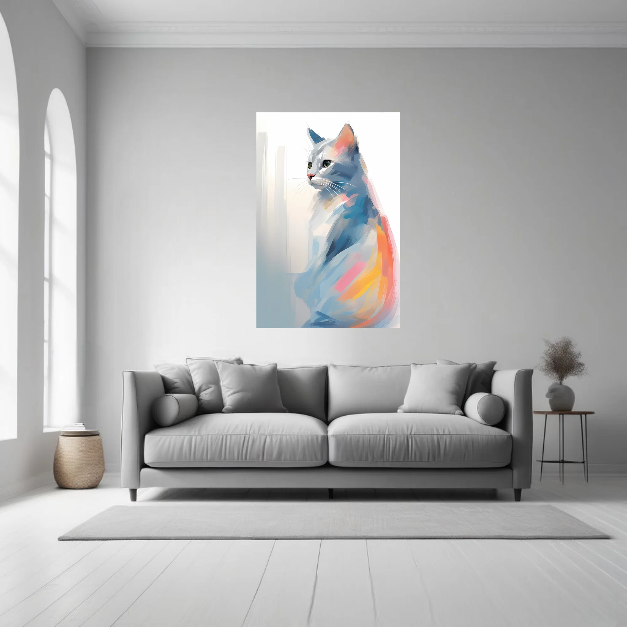 Watercolor-style abstract cat portrait in soft blue, coral, and pastel tones