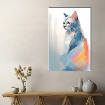 Watercolor-style abstract cat portrait in soft blue, coral, and pastel tones