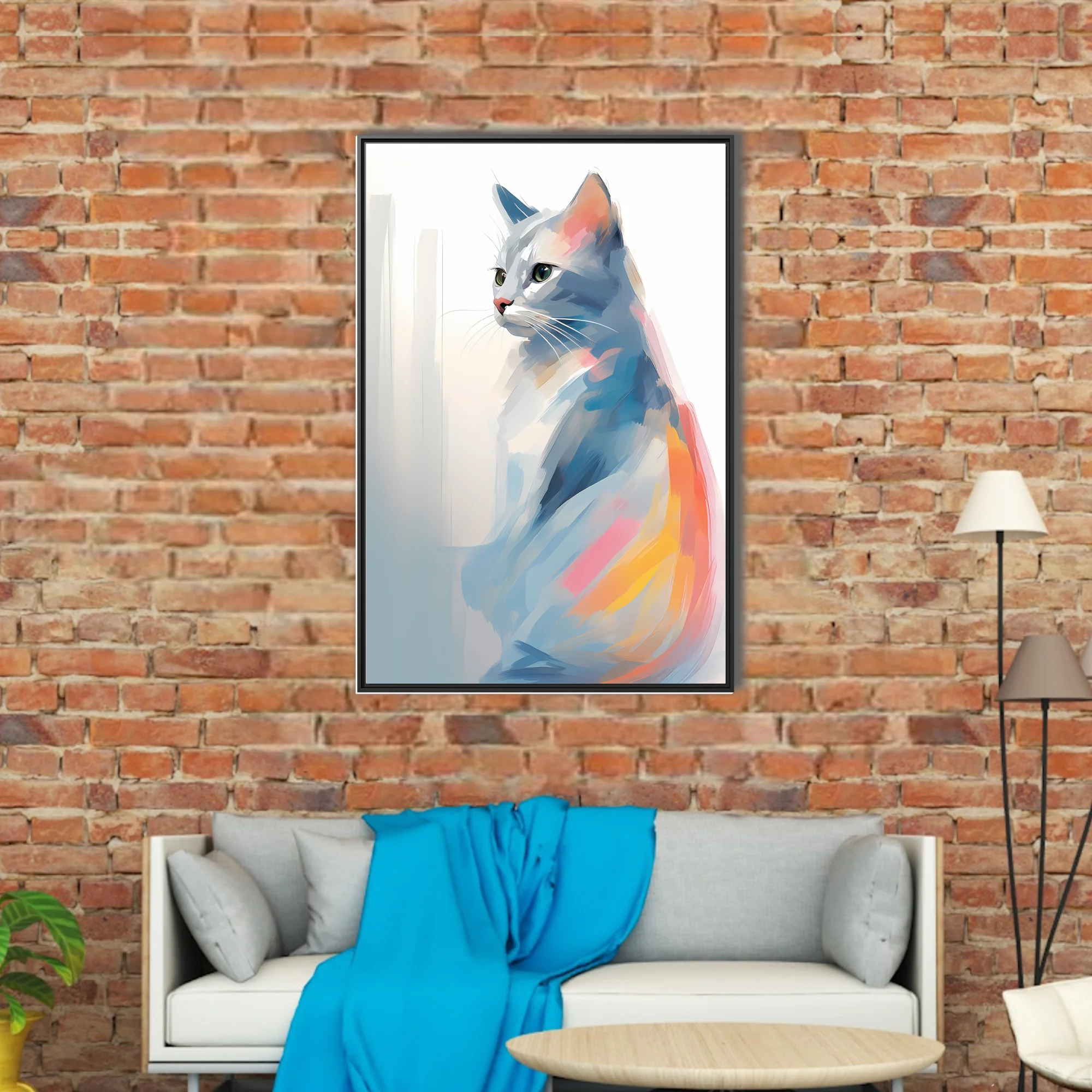 Watercolor-style abstract cat portrait in soft blue, coral, and pastel tones