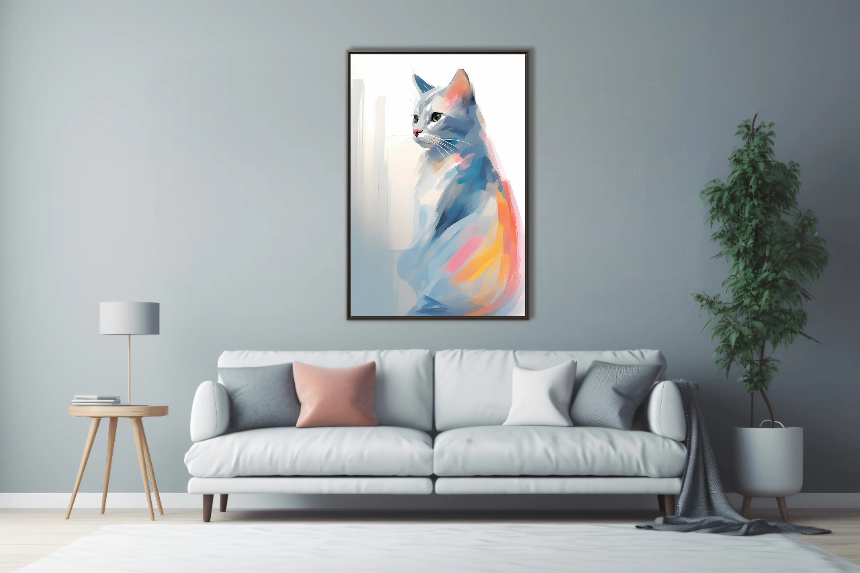 Watercolor-style abstract cat portrait in soft blue, coral, and pastel tones