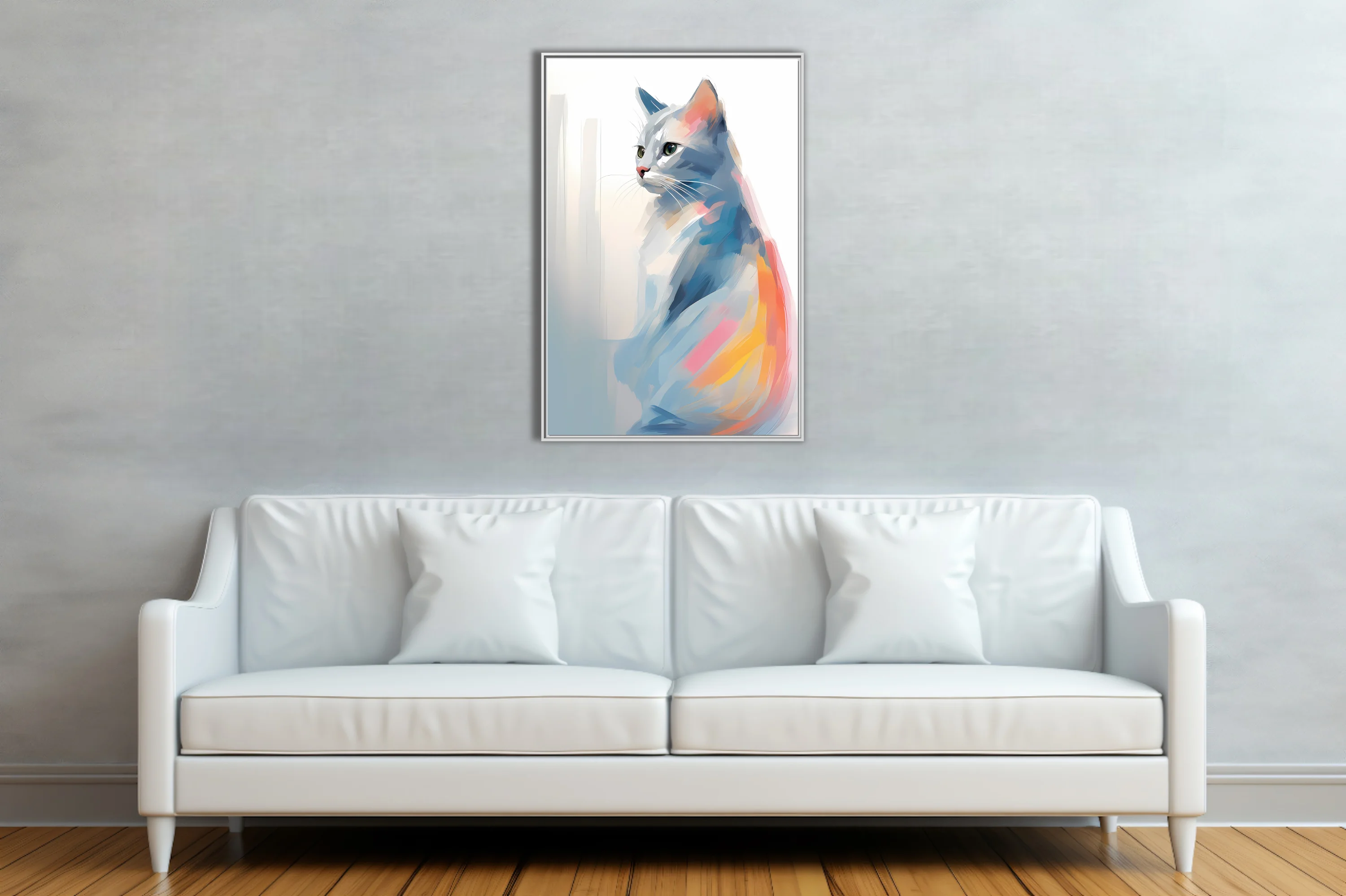 Watercolor-style abstract cat portrait in soft blue, coral, and pastel tones