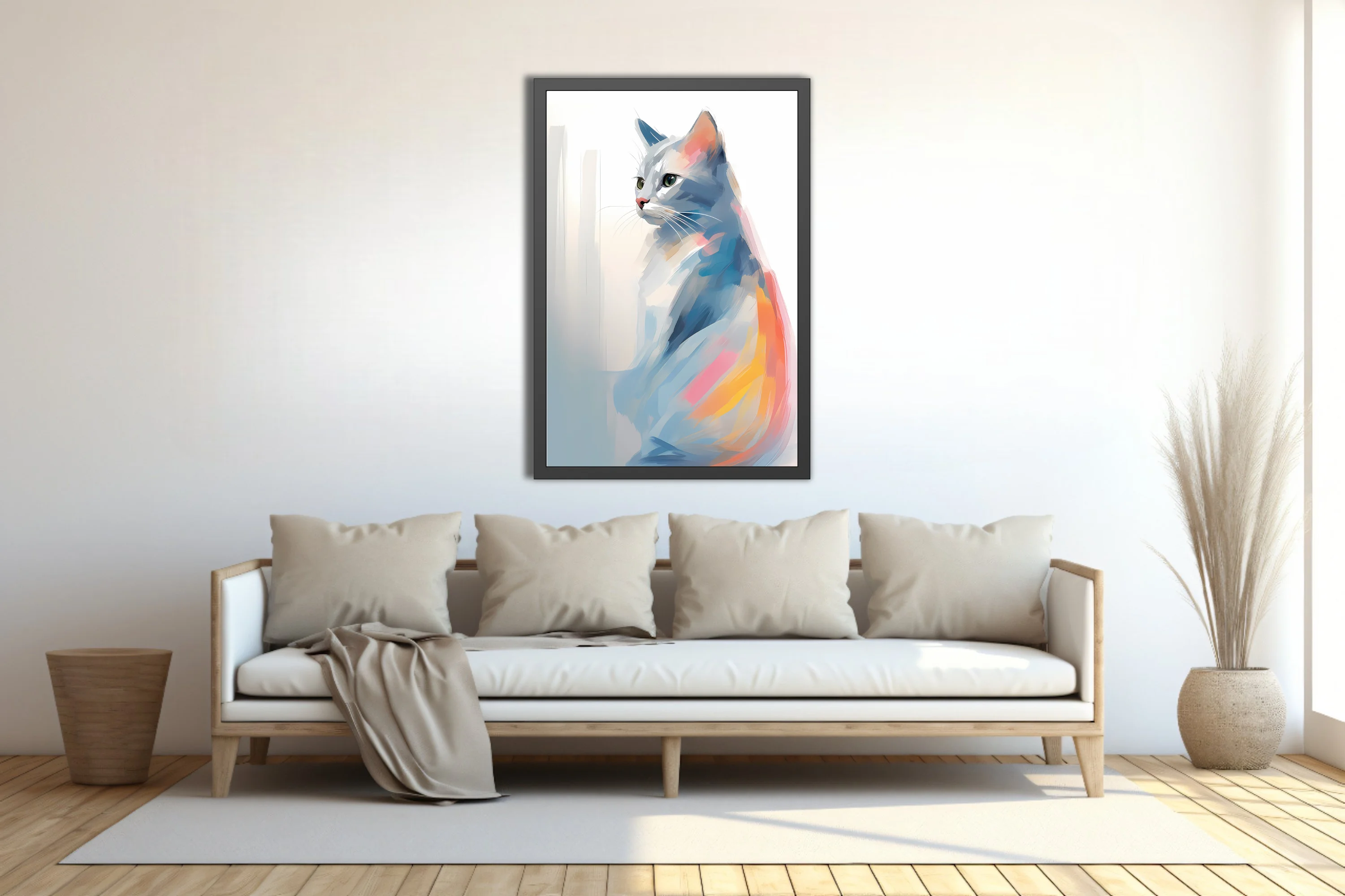 Watercolor-style abstract cat portrait in soft blue, coral, and pastel tones