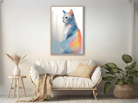 Watercolor-style abstract cat portrait in soft blue, coral, and pastel tones