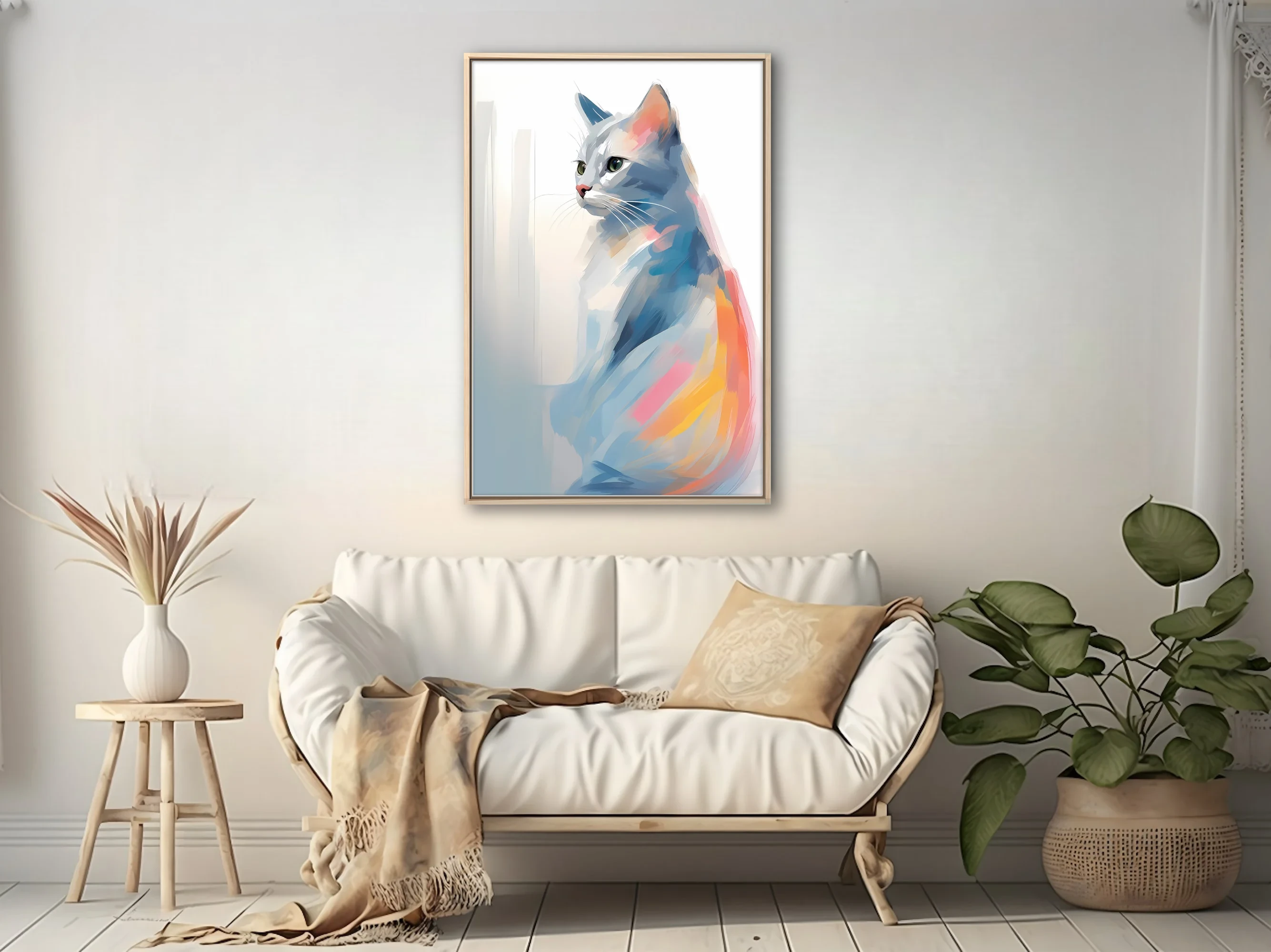 Watercolor-style abstract cat portrait in soft blue, coral, and pastel tones