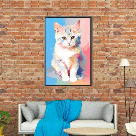 Abstract geometric cat portrait in pastel blue pink and multicolor crystalline style