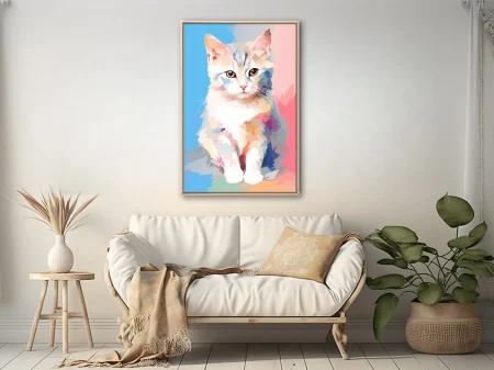 Abstract geometric cat portrait in pastel blue pink and multicolor crystalline style