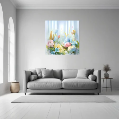 Pastel abstract botanical art with soft watercolor-style washes of pink, blue, and yellow blooms