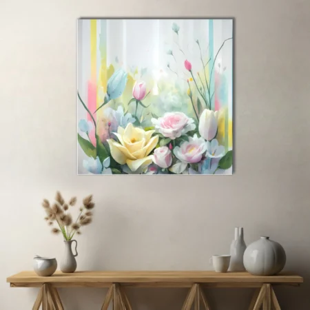 Pastel watercolor-style floral composition with roses, tulips, and soft botanical forms