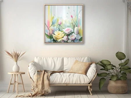 Pastel watercolor-style floral composition with roses, tulips, and soft botanical forms
