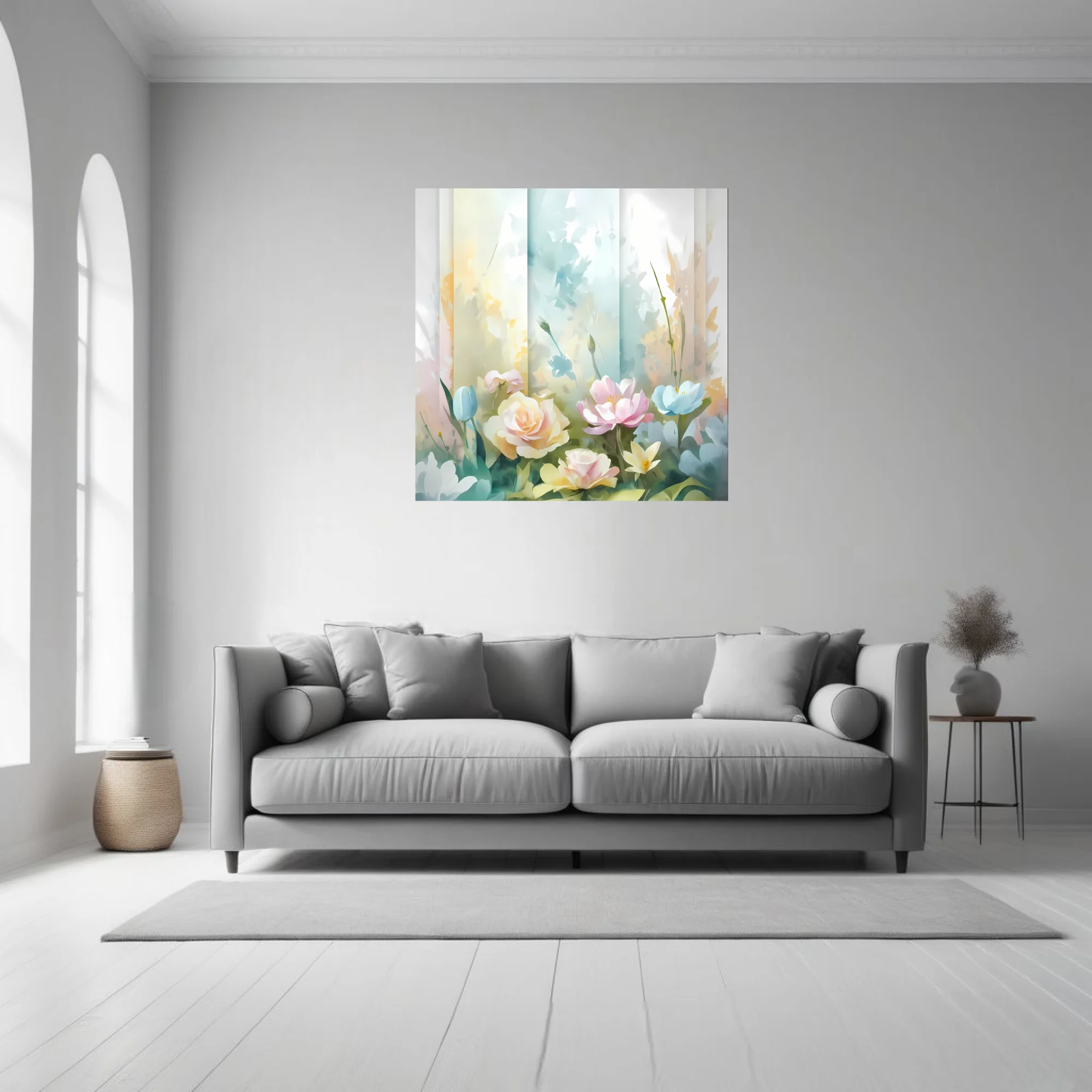 Pastel watercolor-style floral composition with soft roses and garden blooms in blush and blue