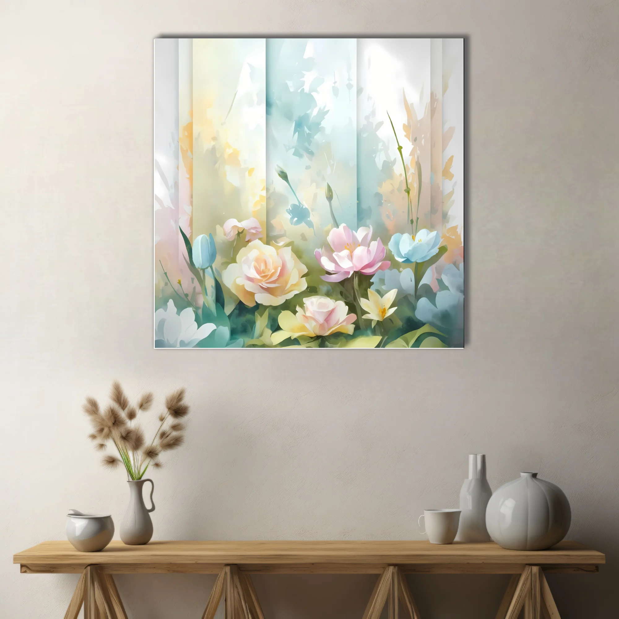 Pastel watercolor-style floral composition with soft roses and garden blooms in blush and blue