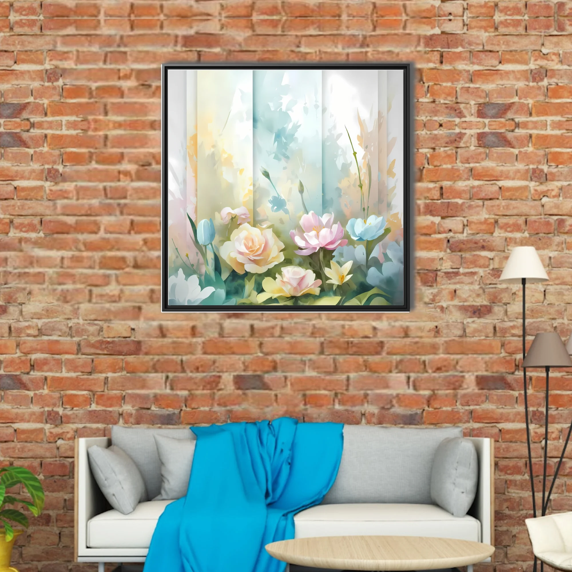 Pastel watercolor-style floral composition with soft roses and garden blooms in blush and blue