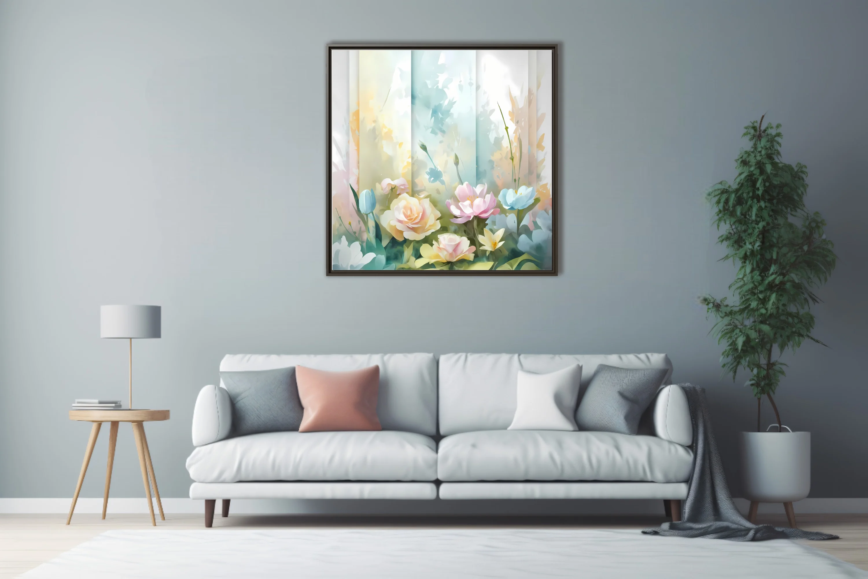 Pastel watercolor-style floral composition with soft roses and garden blooms in blush and blue