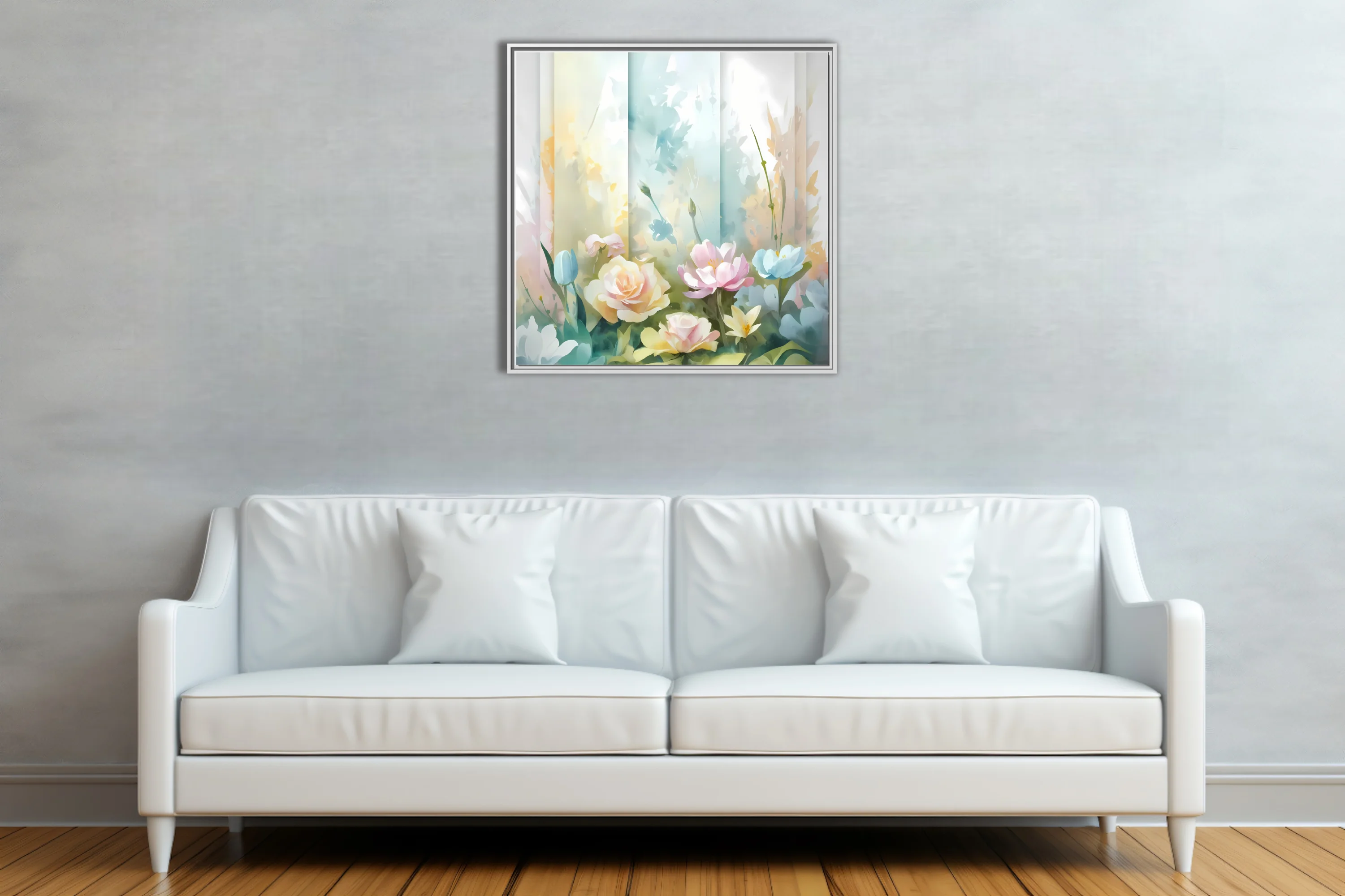 Pastel watercolor-style floral composition with soft roses and garden blooms in blush and blue