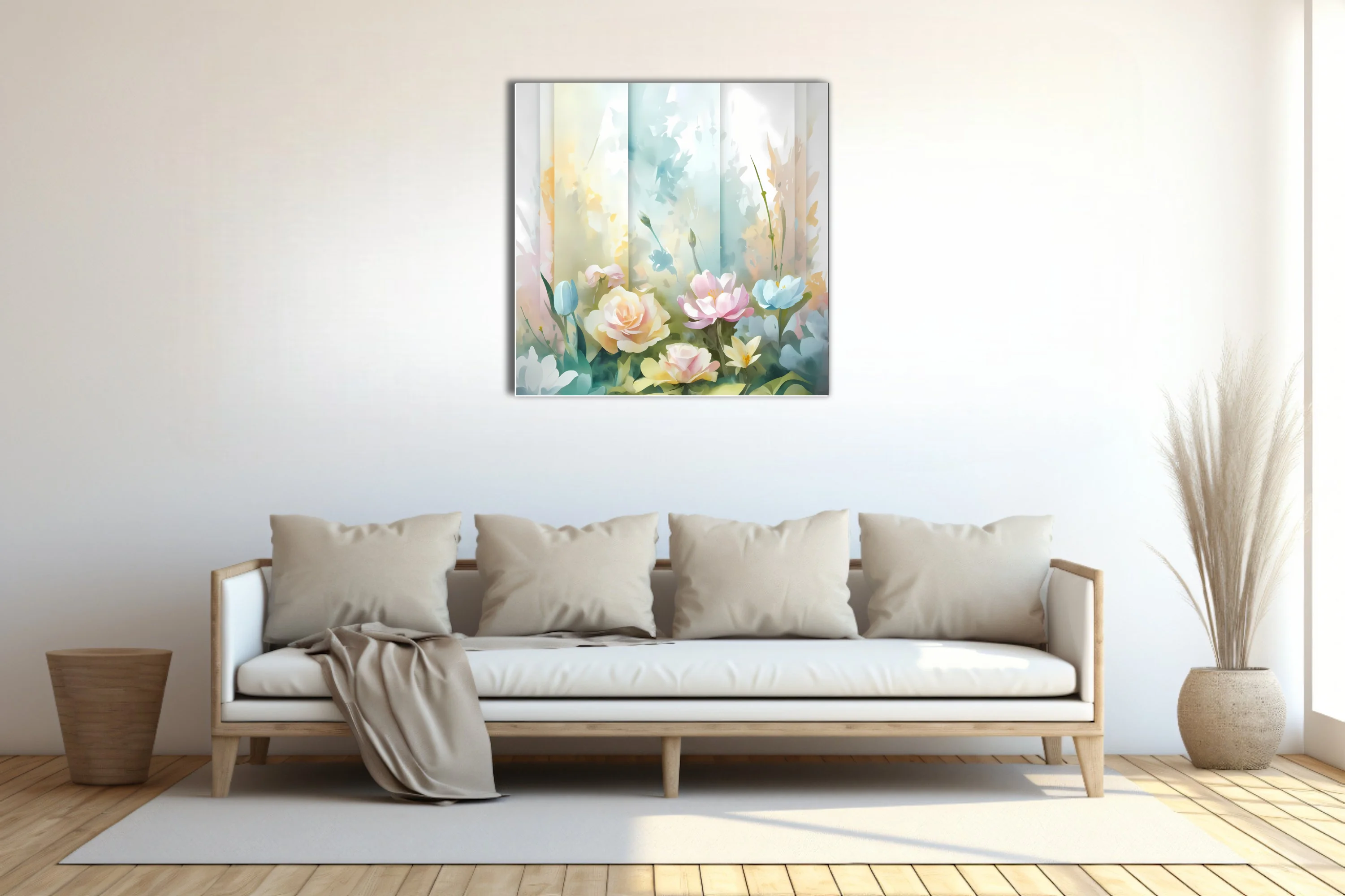 Pastel watercolor-style floral composition with soft roses and garden blooms in blush and blue